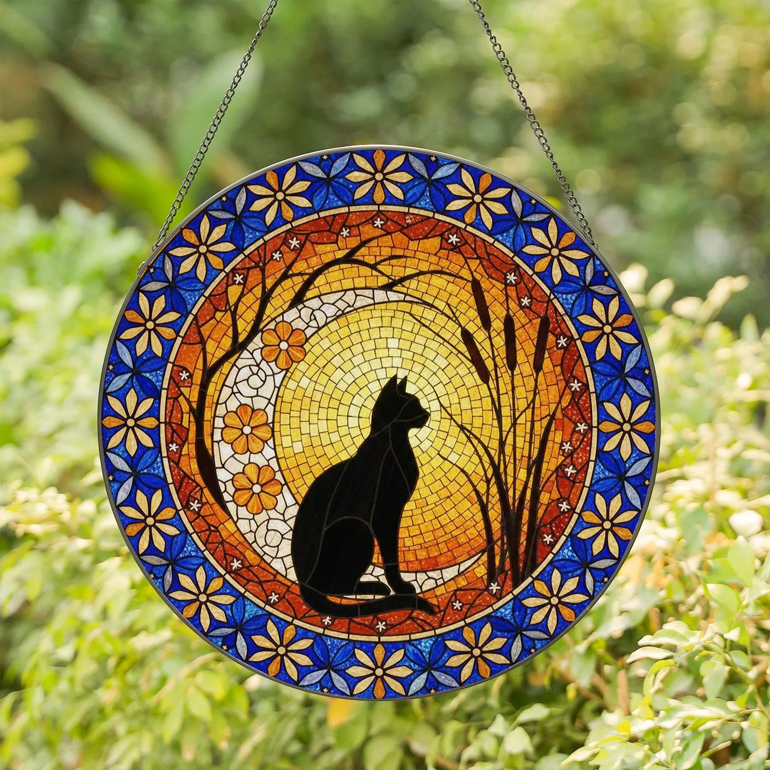 Black Cat Crescent Moon Mosaic Stained Glass Art - Twilight Sky Flowers Tree Branches Stained Glass Suncatcher - 1