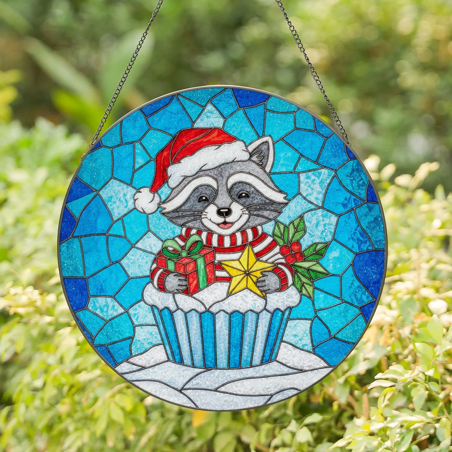 Cartoon Raccoon Santa Hat Christmas Gifts Snow Stained Glass Jewel Tones Winter Holiday Stained Glass Suncatcher - 1