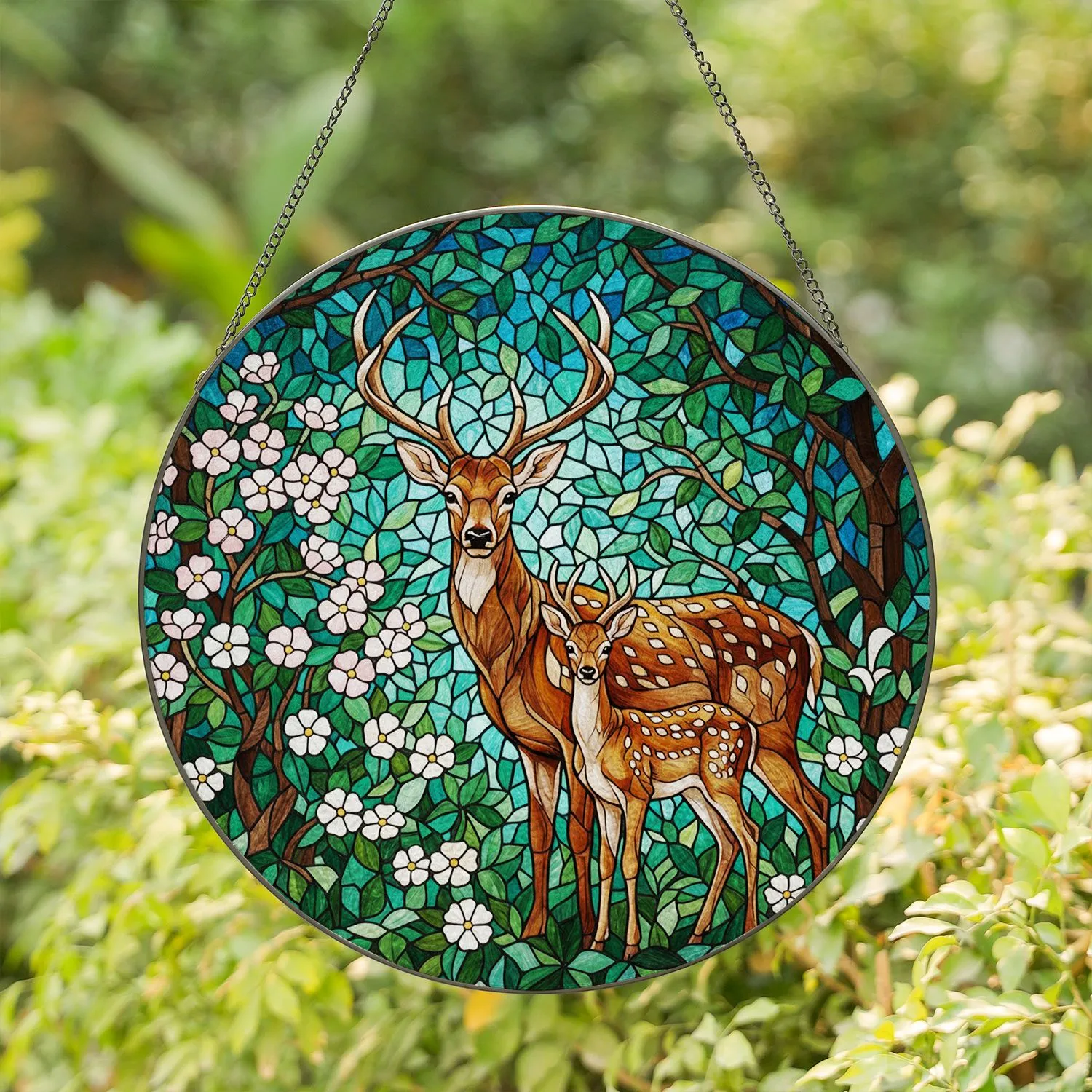 Highly Detailed Stag & Fawn Tiffany Stained Glass Forest Art - Jewel Tone Nature Gift Stained Glass Suncatcher - 1