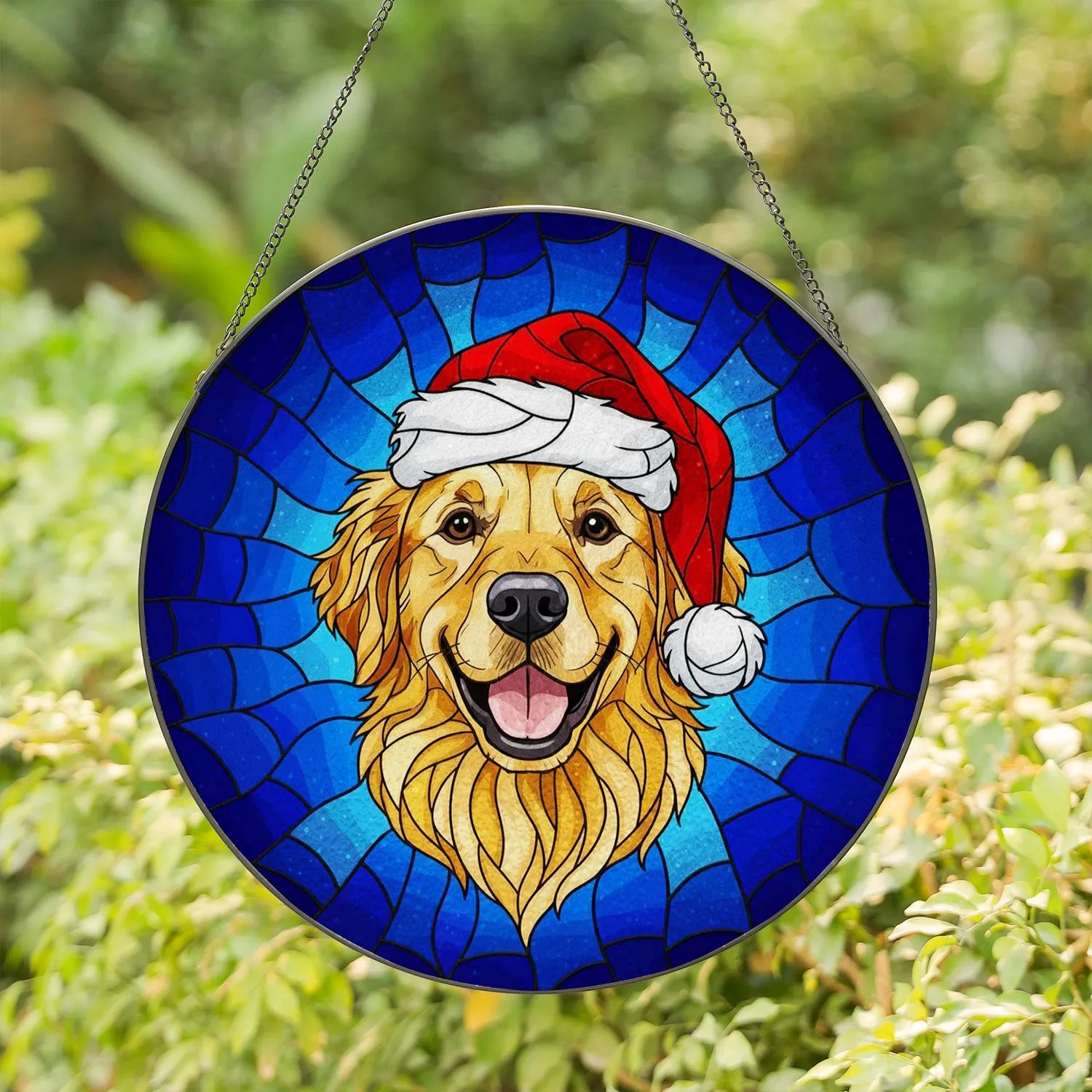 Smiling Golden Retriever Dog Santa Hat Stained Glass - Christmas Holiday Dog Lover Gift Stained Glass Suncatcher - 1