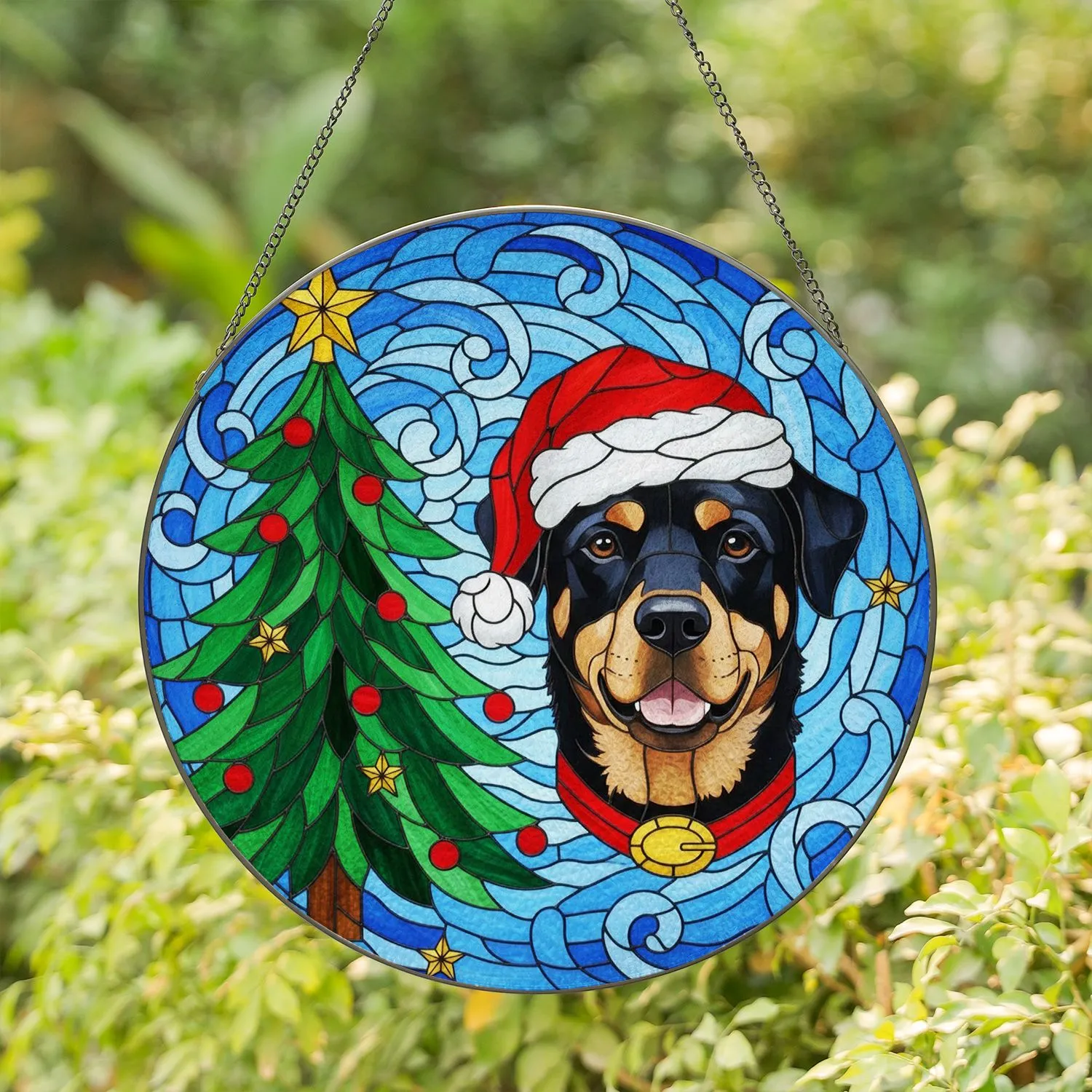 Black Tan Dog Santa Hat Christmas Tree Stained Glass Art Mosaic Sky Christmas Gift Stained Glass Suncatcher - 1
