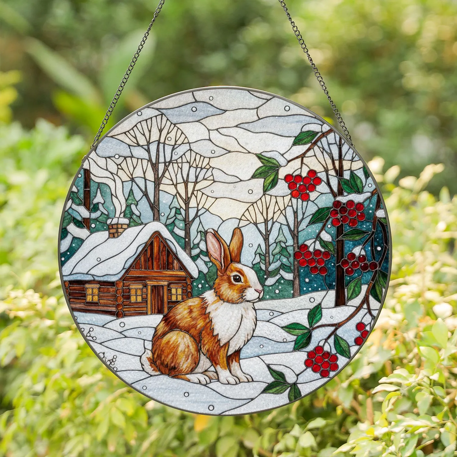 Fluffy Brown White Rabbit Winter Snow Forest Cabin Berries - Tiffany Stained Glass Holiday Decor Stained Glass Suncatcher - 1
