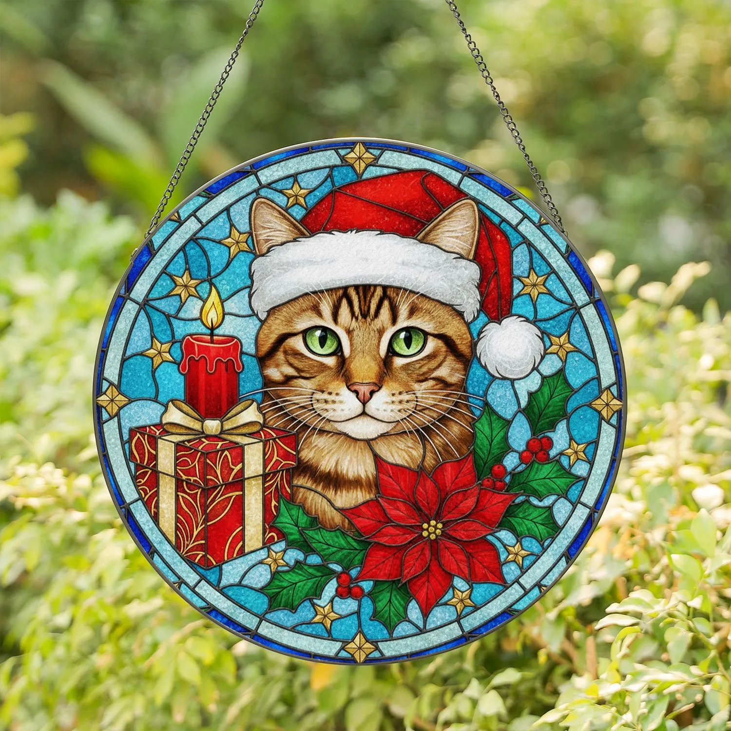 Tabby Cat Santa Hat Stained Glass - Christmas Holiday Mosaic Decor Gift for Cat Lover Stained Glass Suncatcher - 1