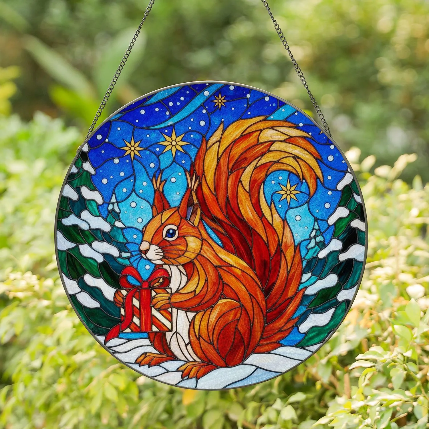 Red Squirrel Gift Box Stained Glass Style Winter Night Sky - Christmas Holiday Gift Stained Glass Suncatcher - 1