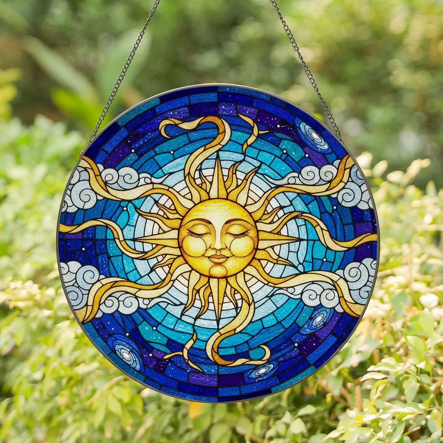 Sleeping Sun Face Stylized Rays Cosmic Sky Clouds Tiffany Glass Translucent Mosaic Stained Glass Suncatcher - 1