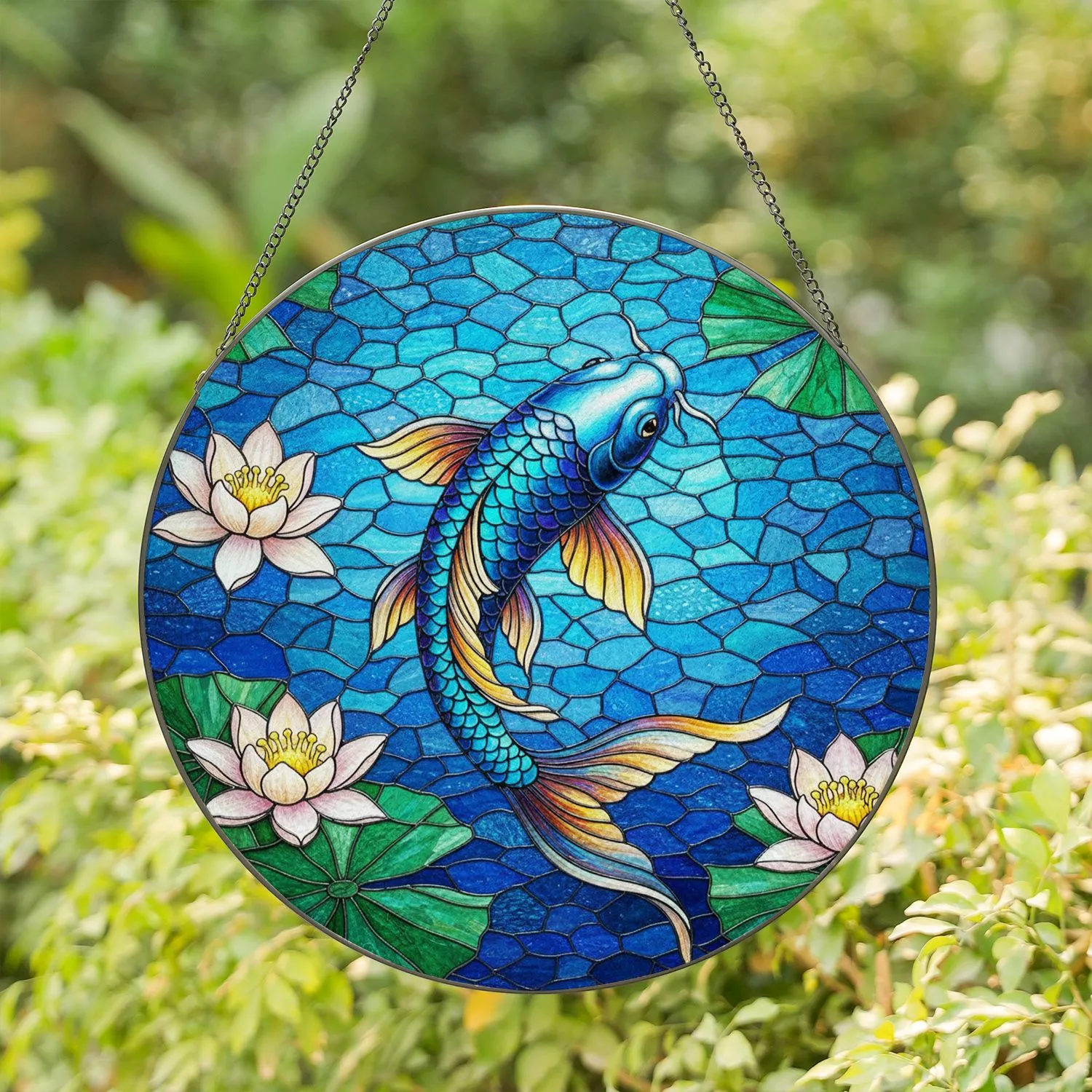 Vibrant Iridescent Koi Fish Water Lily Pond Mosaic Stained Glass Tiffany Art Decor Stained Glass Suncatcher - 1