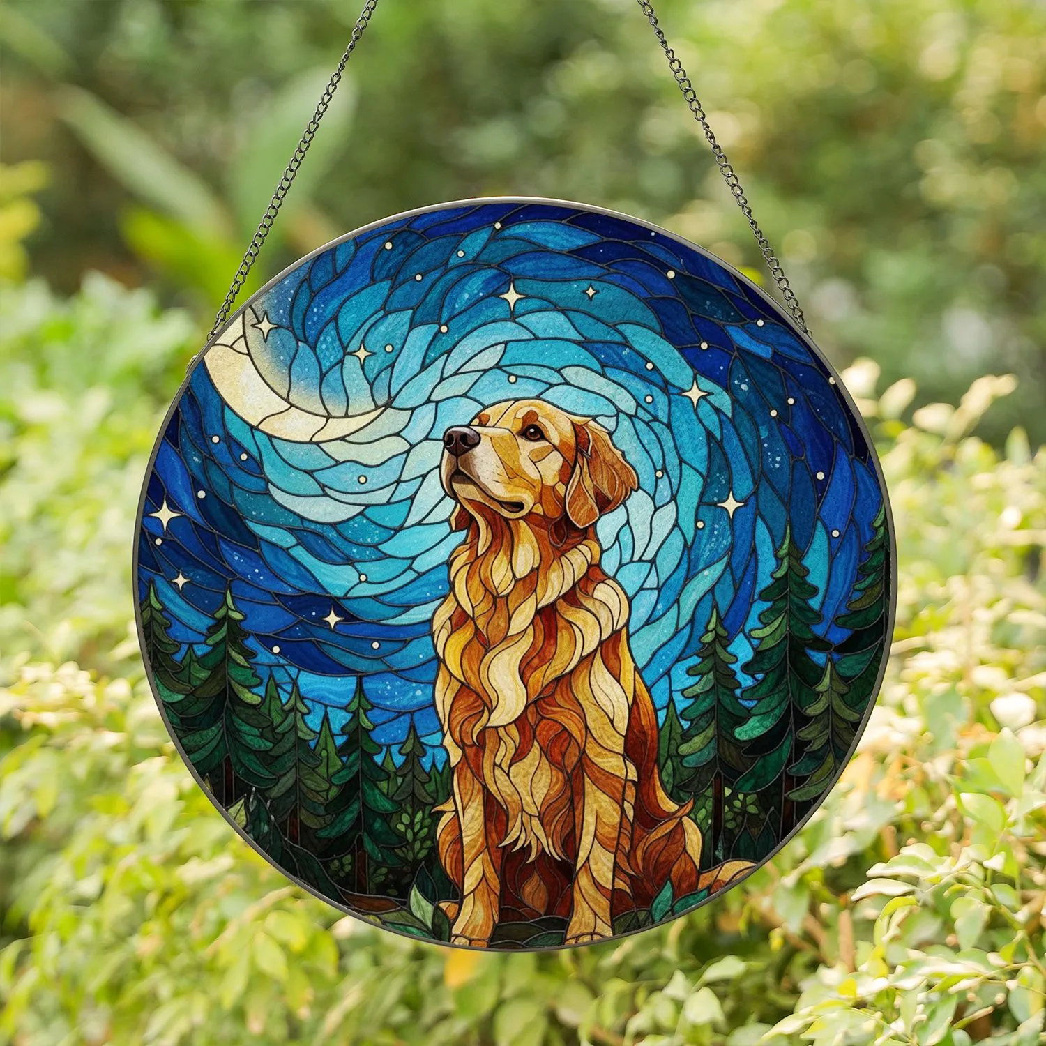 Golden Retriever Dog Stained Glass Moon & Stars Tiffany Style Night Sky Decor Dog Lover Gift Stained Glass Suncatcher - 1