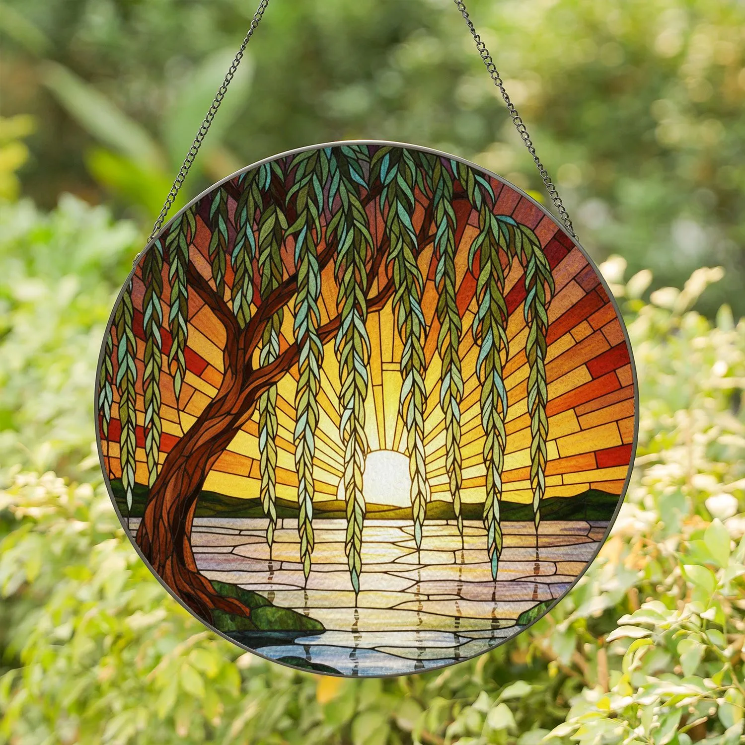 Weeping Willow Tree Stained Glass Sunset Water Landscape Tiffany Style Home Decor Stained Glass Suncatcher - 1