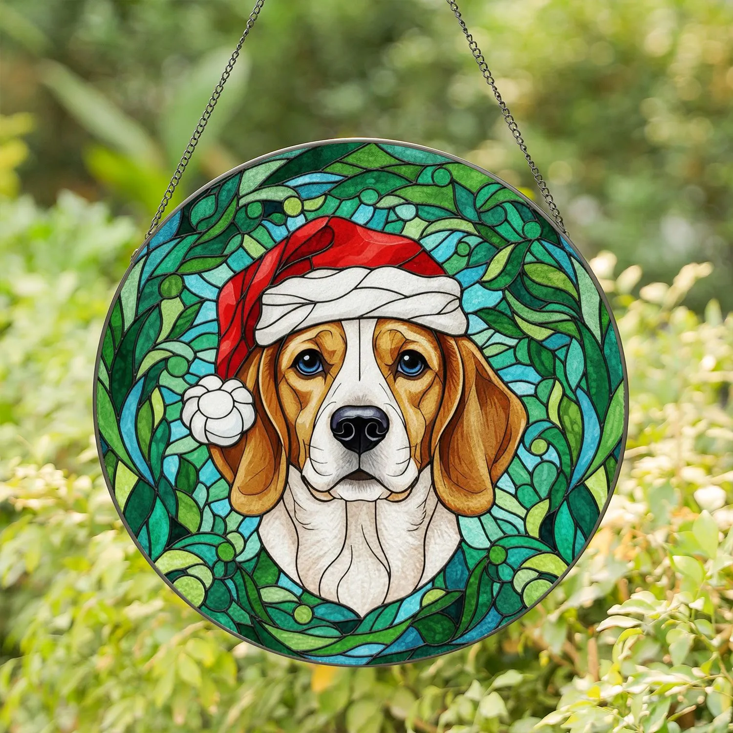 Beagle Dog Santa Hat Stained Glass Mosaic Art - Christmas Holiday Gift for Dog Lover Stained Glass Suncatcher - 1