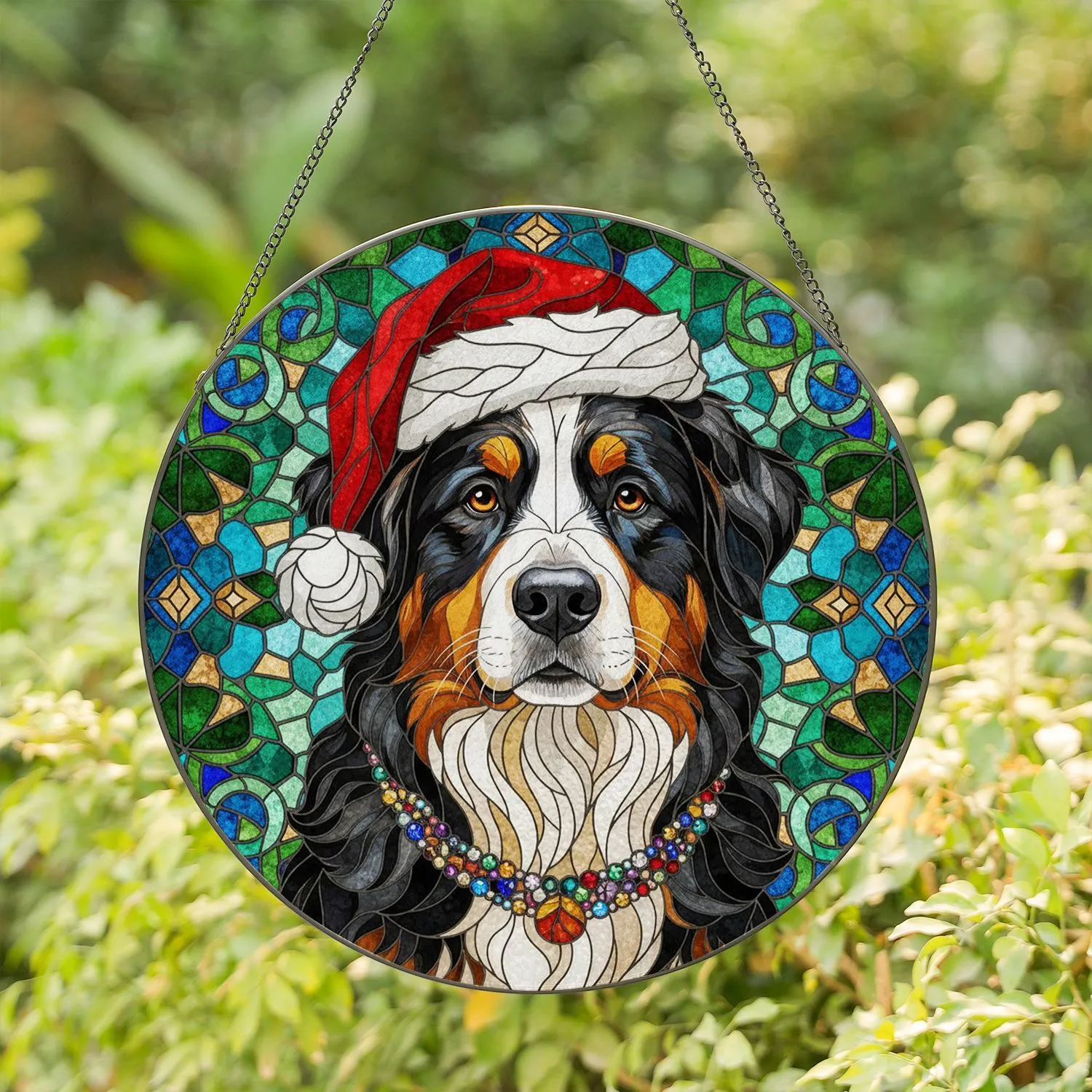 Bernese Mountain Dog Santa Hat Stained Glass Mosaic - Christmas Holiday Gift for Pet Owners Stained Glass Suncatcher - 1
