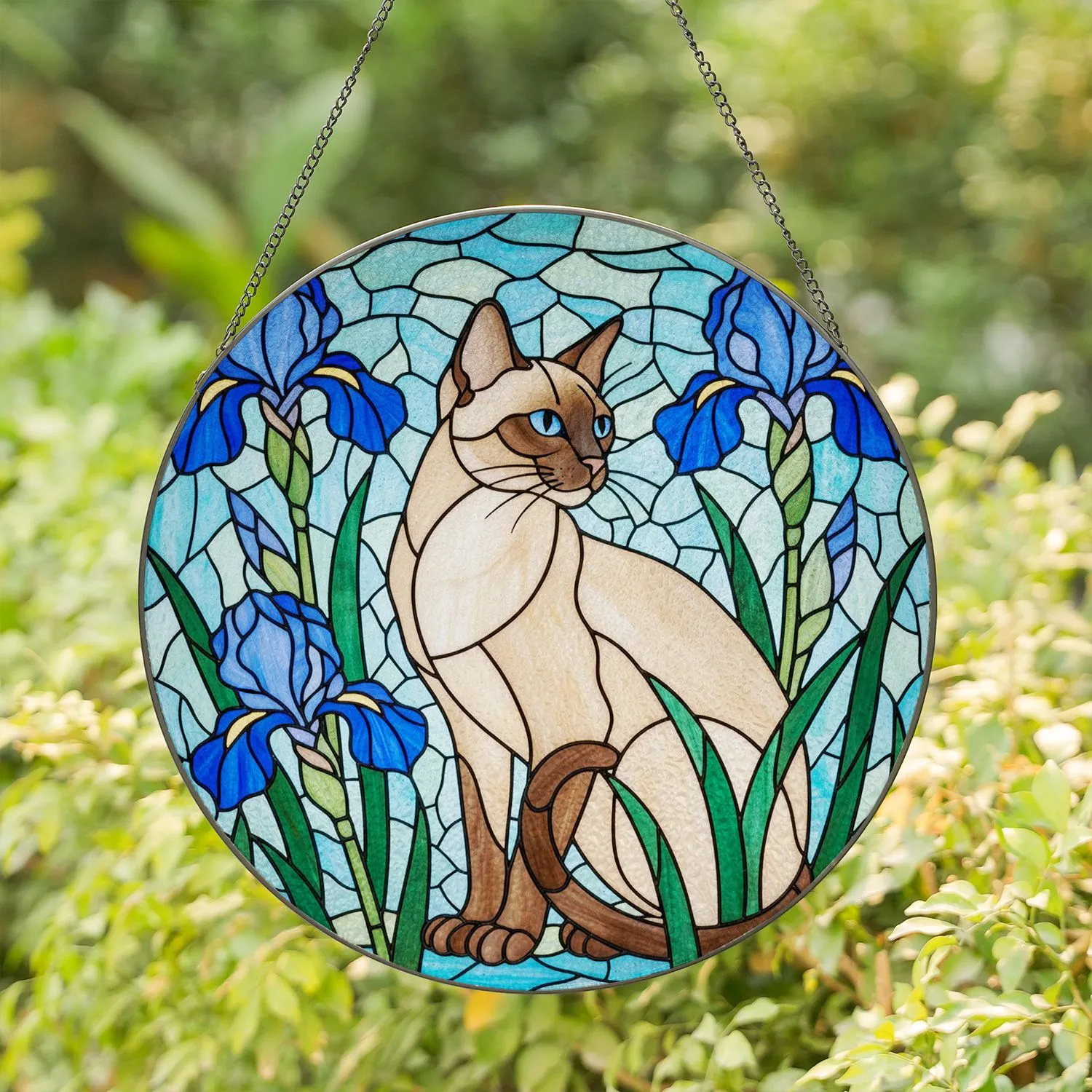 Siamese Cat Blue Iris Stained Glass Mosaic - Tiffany Jewel Tone Translucent Decor Stained Glass Suncatcher - 1