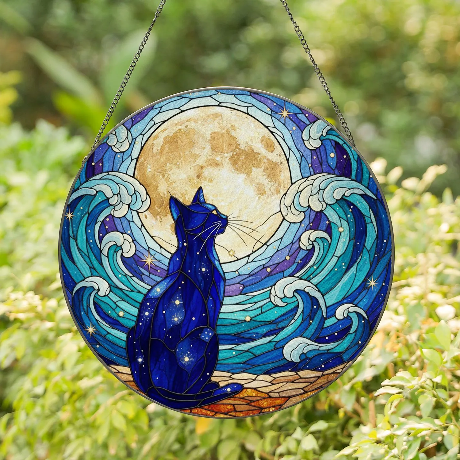 Stained Glass Silhouetted Cat & Full Moon Night Sky - Tiffany Style Water Celestial Art Stained Glass Suncatcher - 1