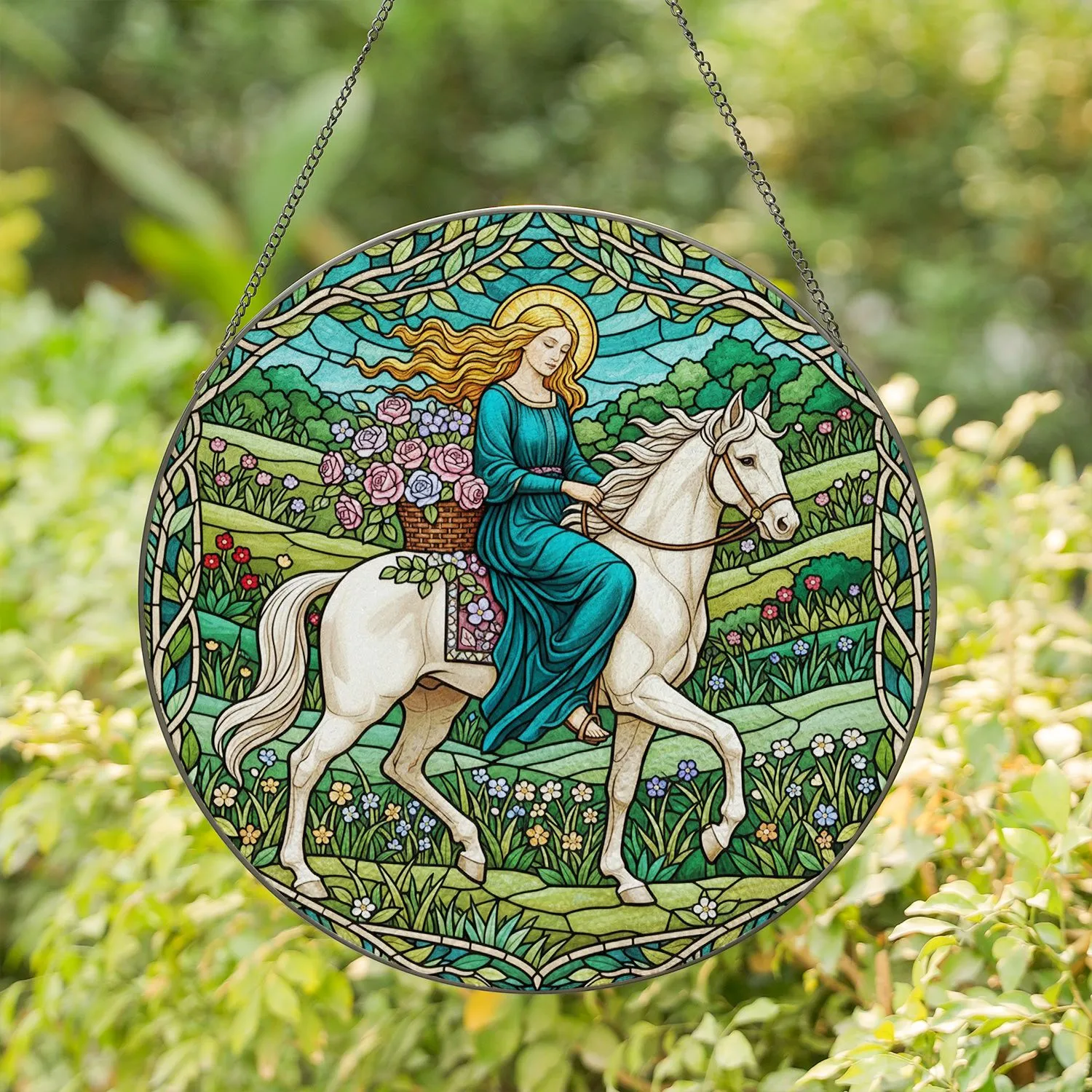 Tiffany Stained Glass Maiden White Horse Roses - Golden Hair Teal Gown Hillsides Foliage Stained Glass Suncatcher - 1