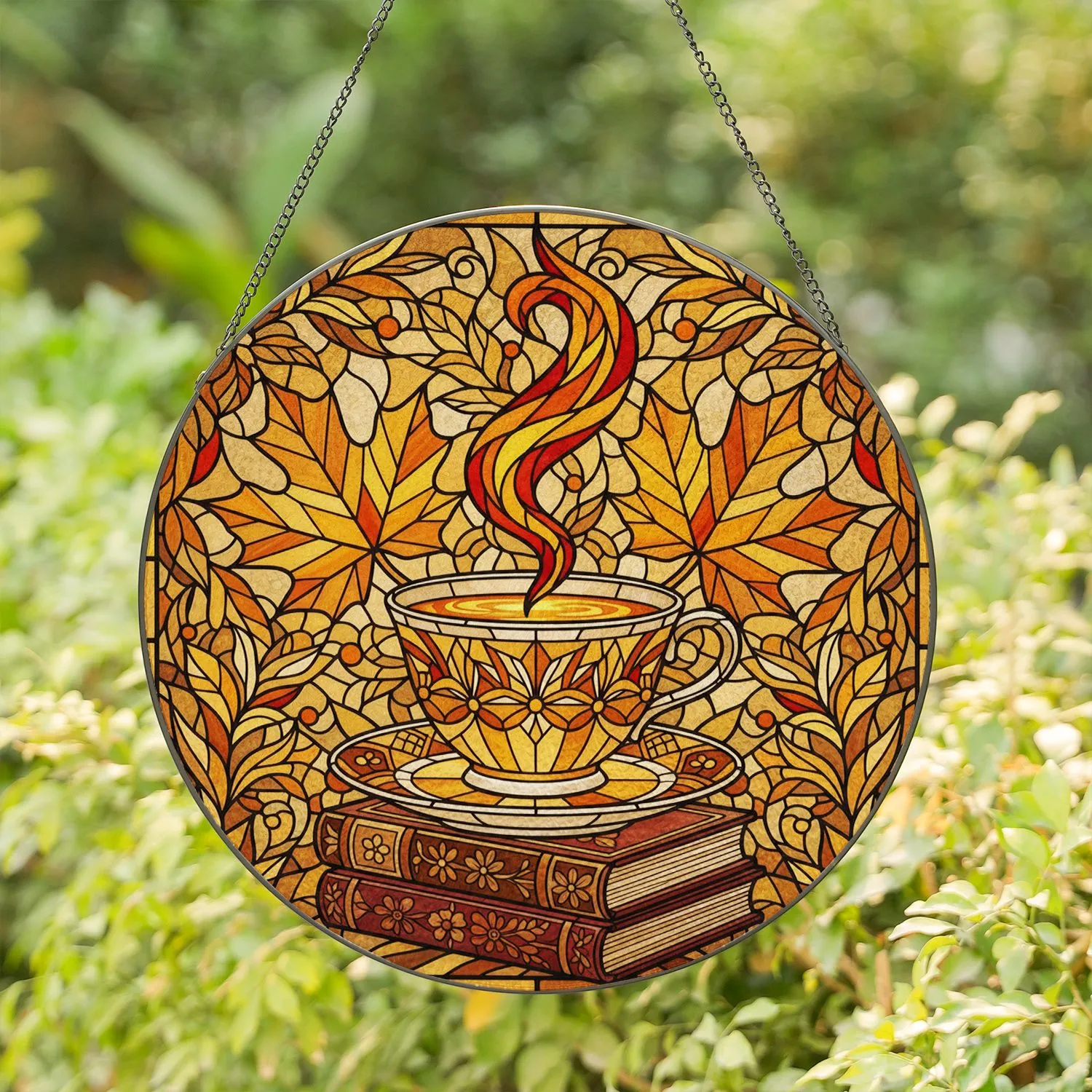 Tiffany Style Stained Glass Teacup Maple Leaves Old Books Autumn Fall Decor Gift Stained Glass Suncatcher - 1