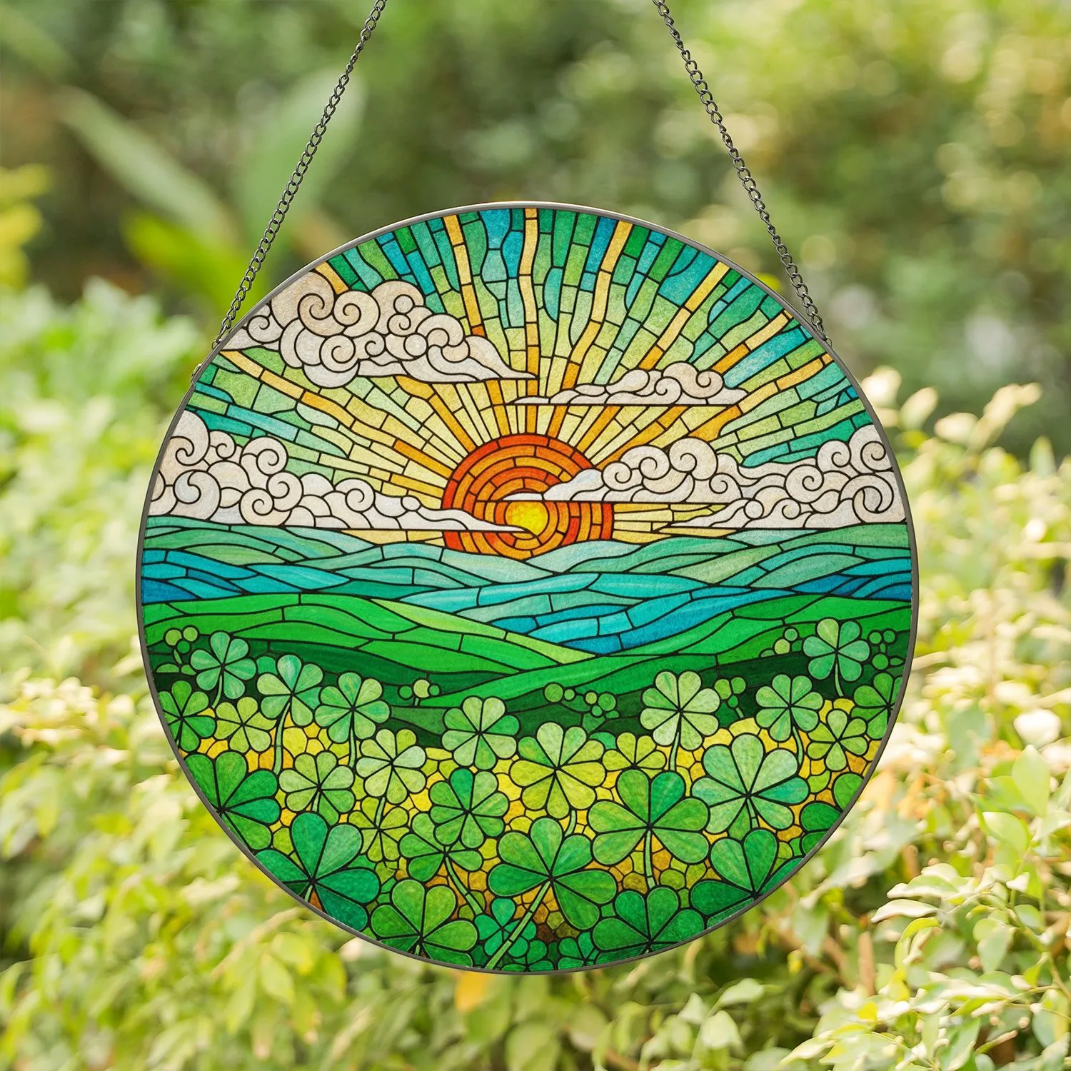Glowing Tiffany Stained Glass Setting Sun Four-Leaf Clover Hills Intricate Mosaic Art Stained Glass Suncatcher - 1