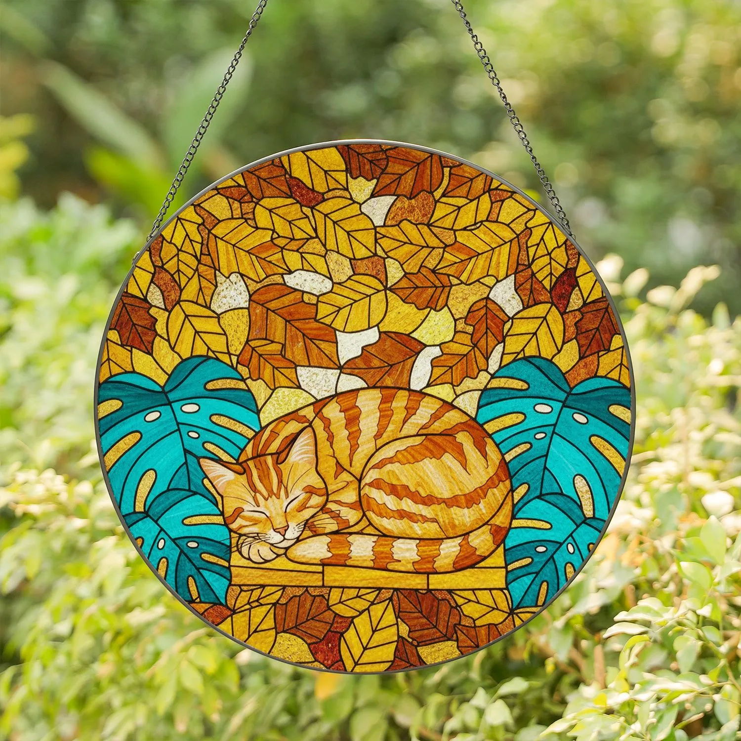Golden Orange Tabby Cat Sleeping Monstera Leaves Autumn Mosaic Tiffany Style Stained Glass Suncatcher - 1