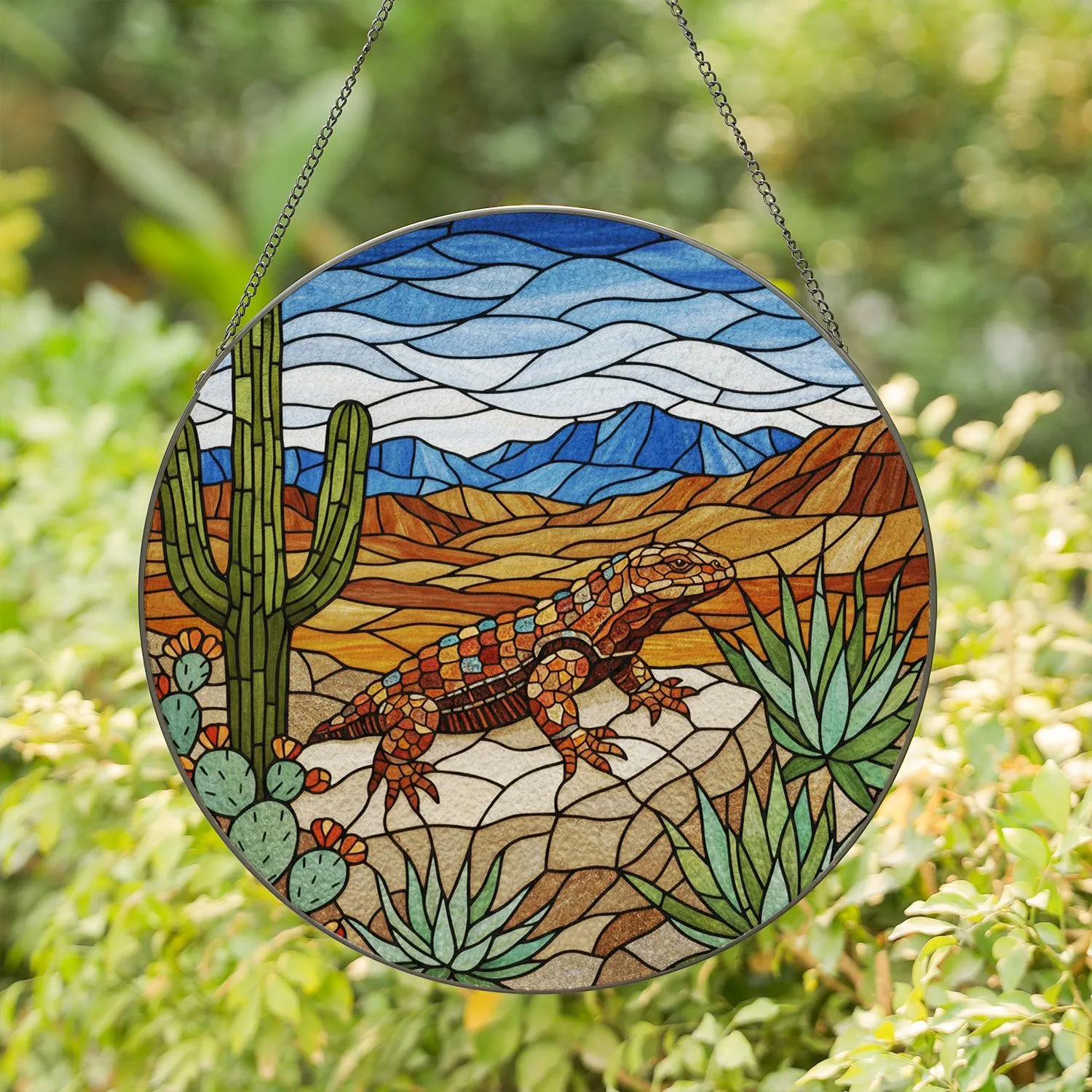 Desert Lizard Saguaro Cactus Prickly Pear Tiffany Style Stained Glass Landscape Stained Glass Suncatcher - 1