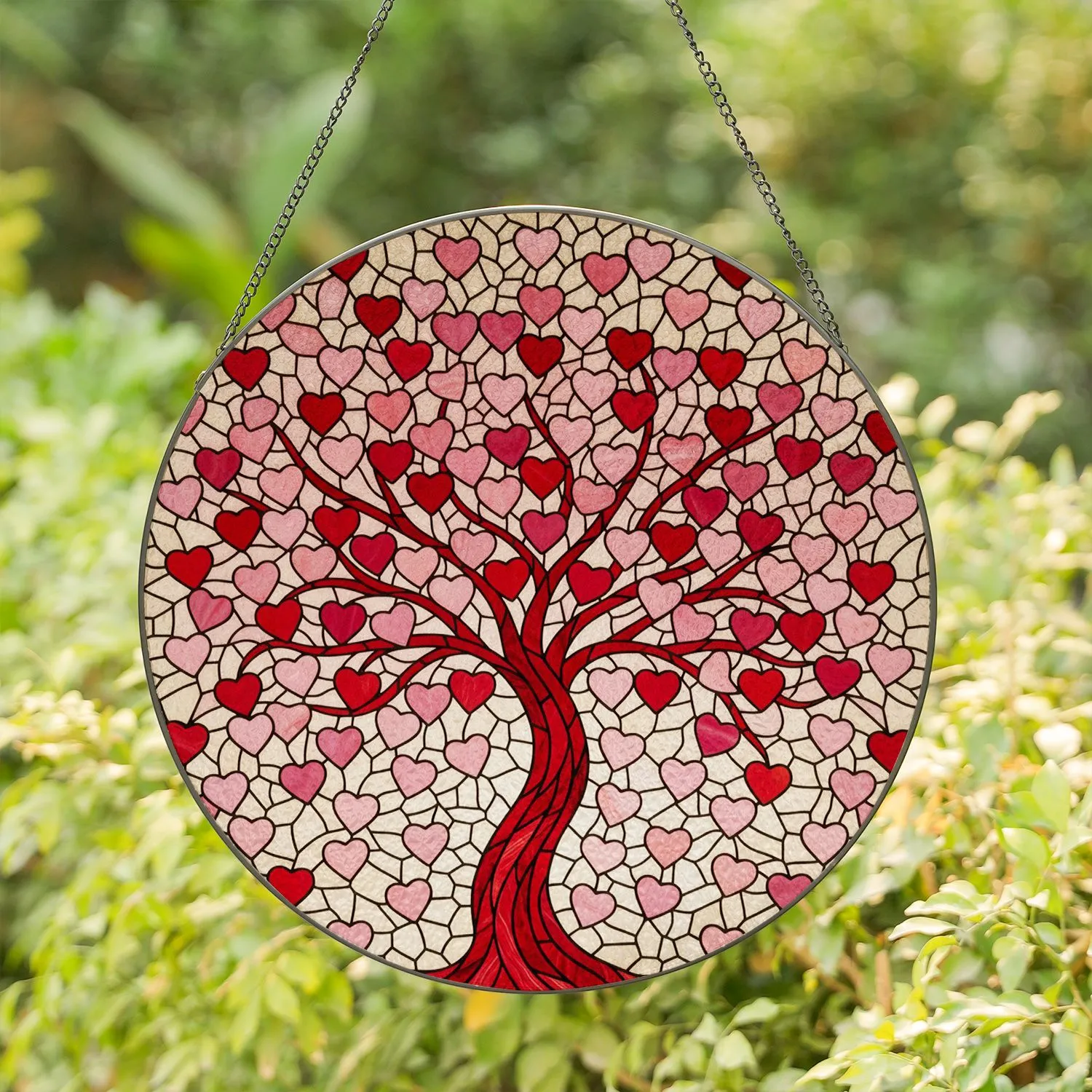 Intricate Tiffany Stained Glass Red Pink Heart Leaves Tree Cream Mosaic - Valentine Home Decor Gift Stained Glass Suncatcher - 1