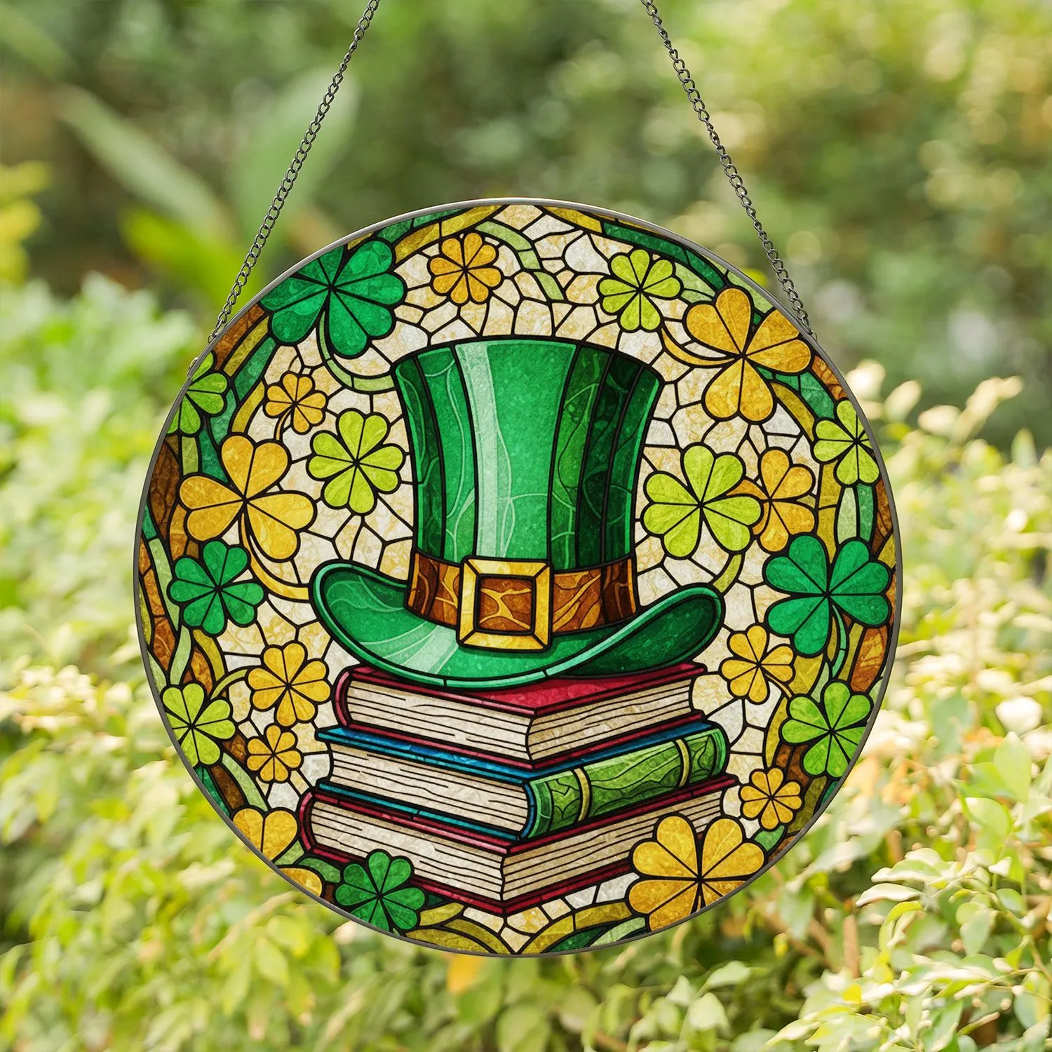 Leprechaun Top Hat Books Four-Leaf Clover Tiffany Stained Glass - St. Patrick's Day Gift Stained Glass Suncatcher - 1