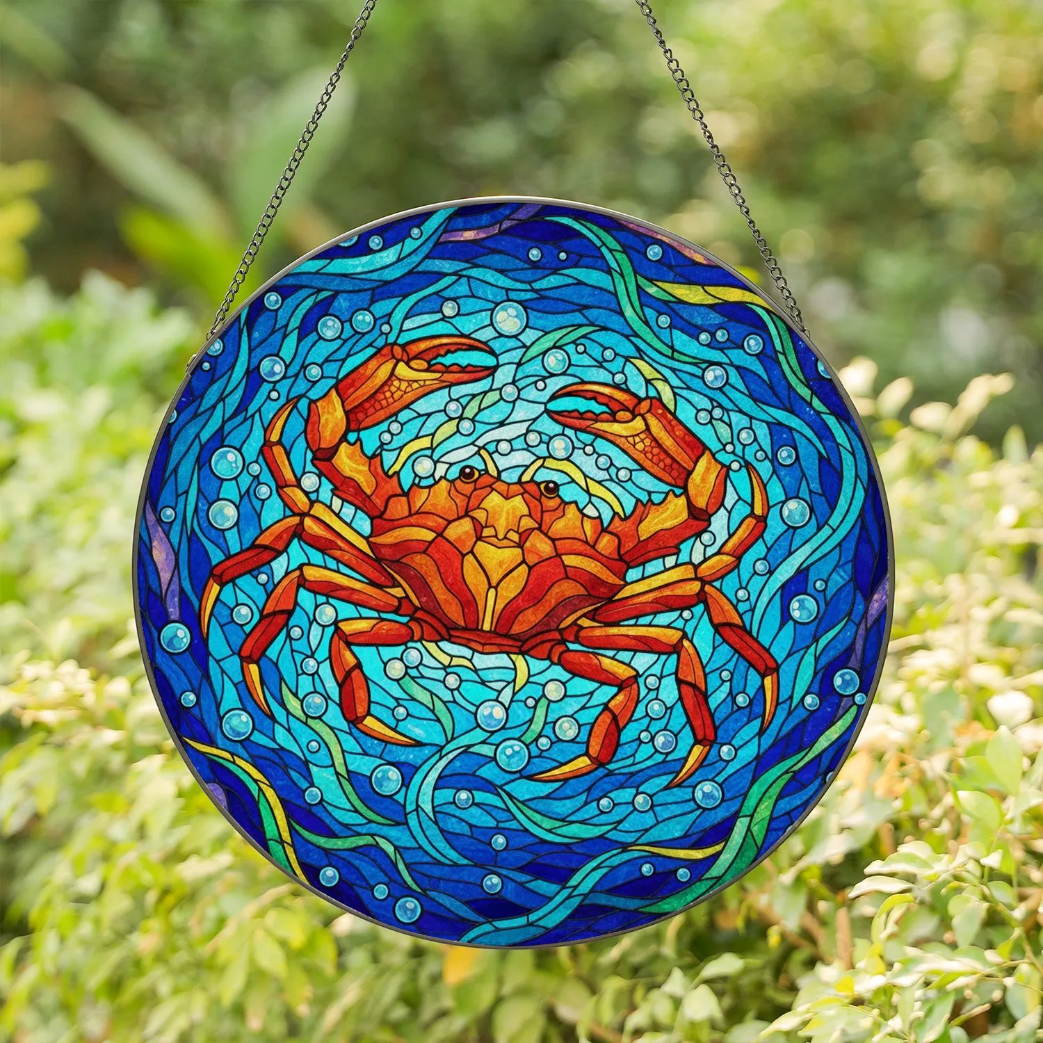 Intricate Crab Stained Glass Tiffany Art - Ocean Currents Aquatic Sea Life Decor Gift Stained Glass Suncatcher - 1