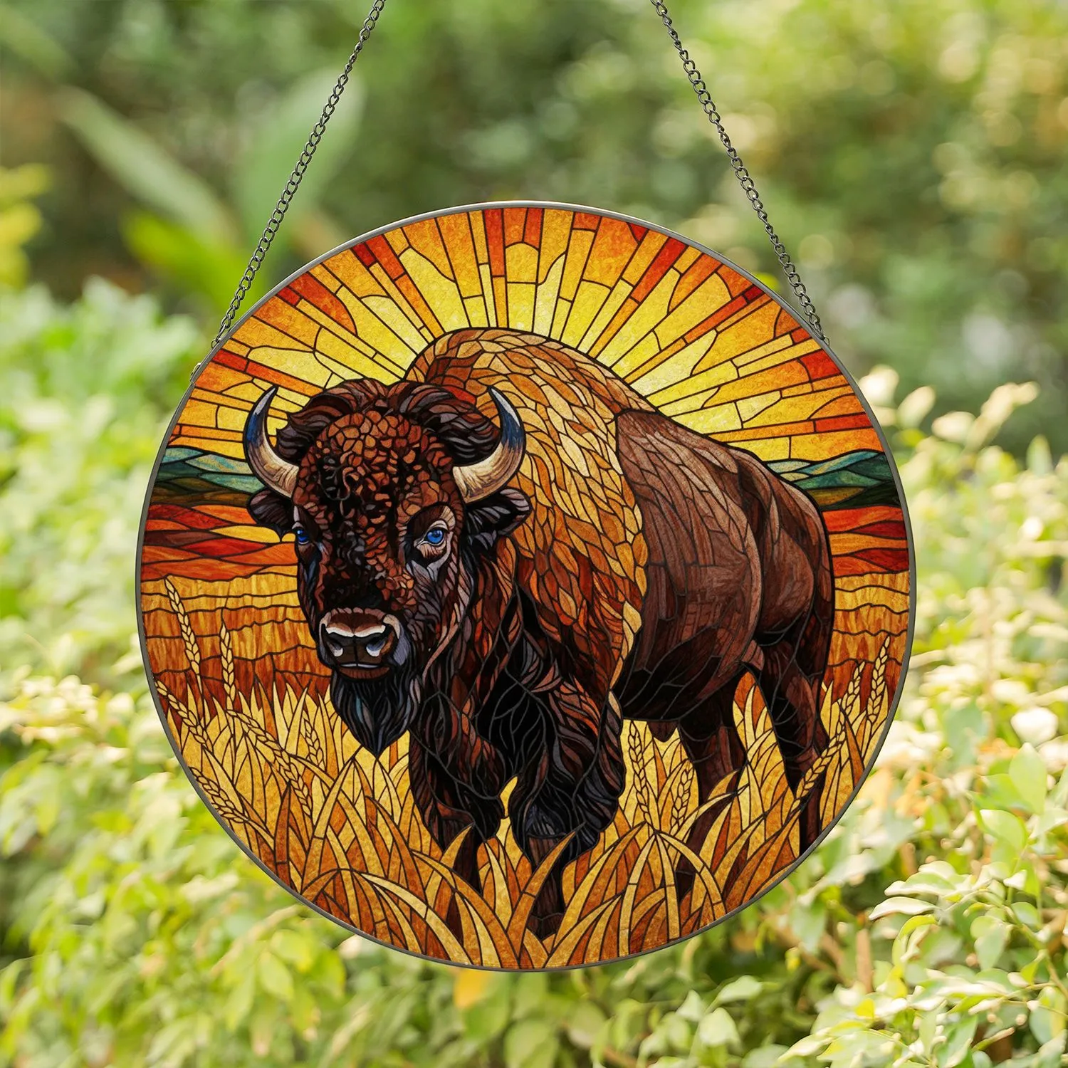 American Bison Horns Prairie Landscape Stained Glass - Tiffany Sunset Jewel Tones Stained Glass Suncatcher - 1
