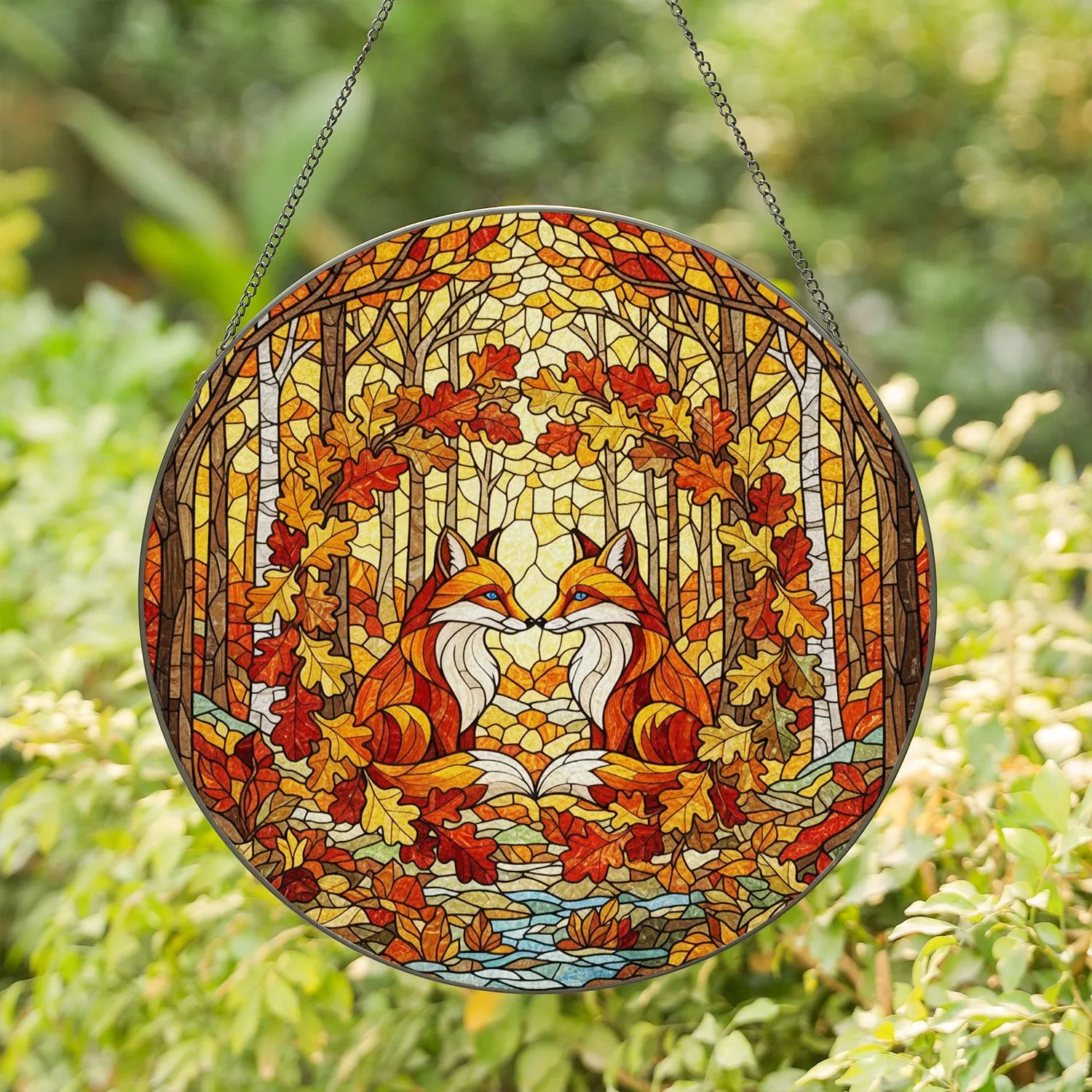 Two Foxes Heart Tiffany Style Glass - Autumn Leaves Forest Mosaic Jewel Tones Art Stained Glass Suncatcher - 1