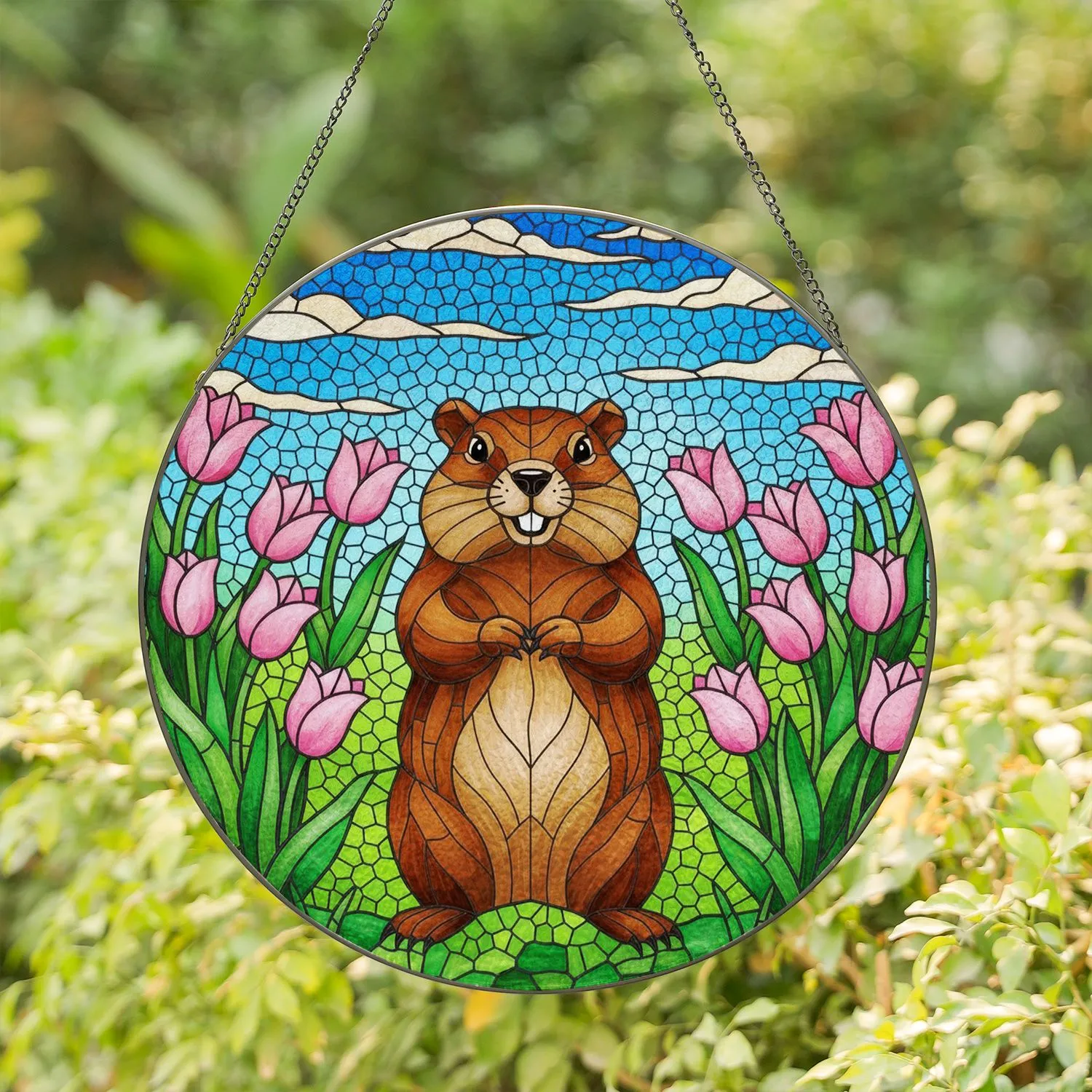 Groundhog Pink Tulips Vibrant Green Grass Blue Sky Mosaic - Tiffany Glass Nature Art Decor Stained Glass Suncatcher - 1