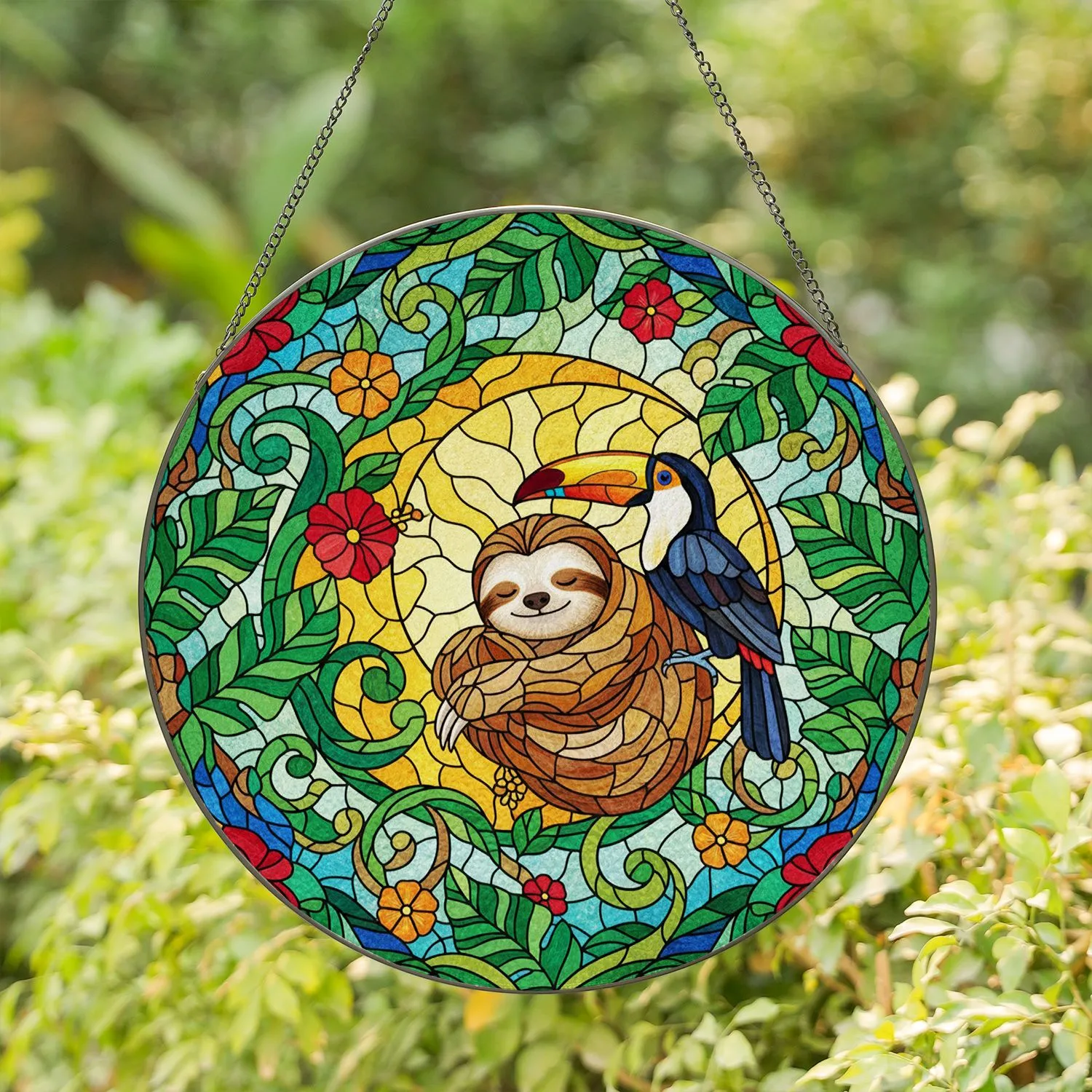 Sleeping Sloth Crescent Moon Toucan - Tropical Jungle Canopy Tiffany Style Stained Glass Suncatcher - 1