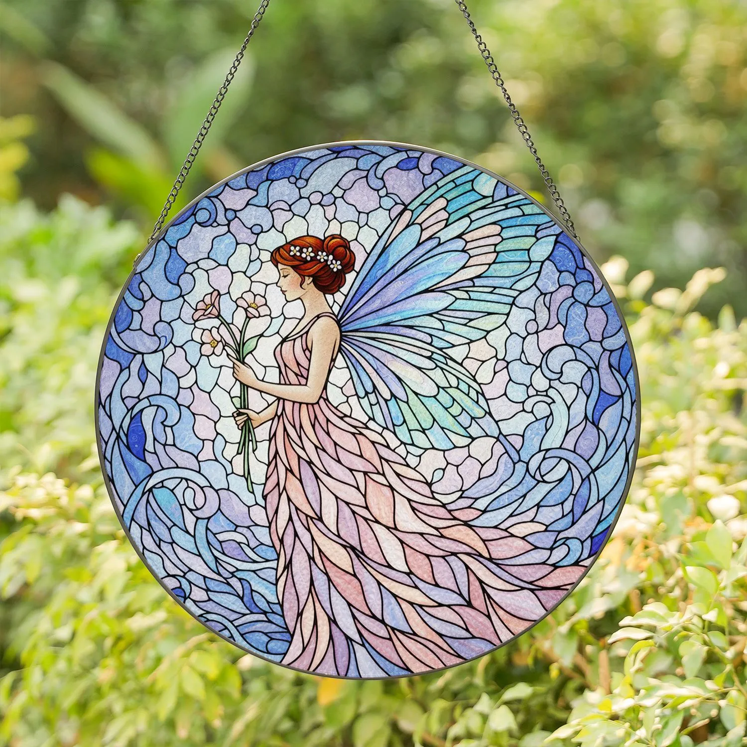 Graceful Stained Glass Fairy Butterfly Wings with Flowers - Tiffany Jewel Tone Home Decor Gift Stained Glass Suncatcher - 1