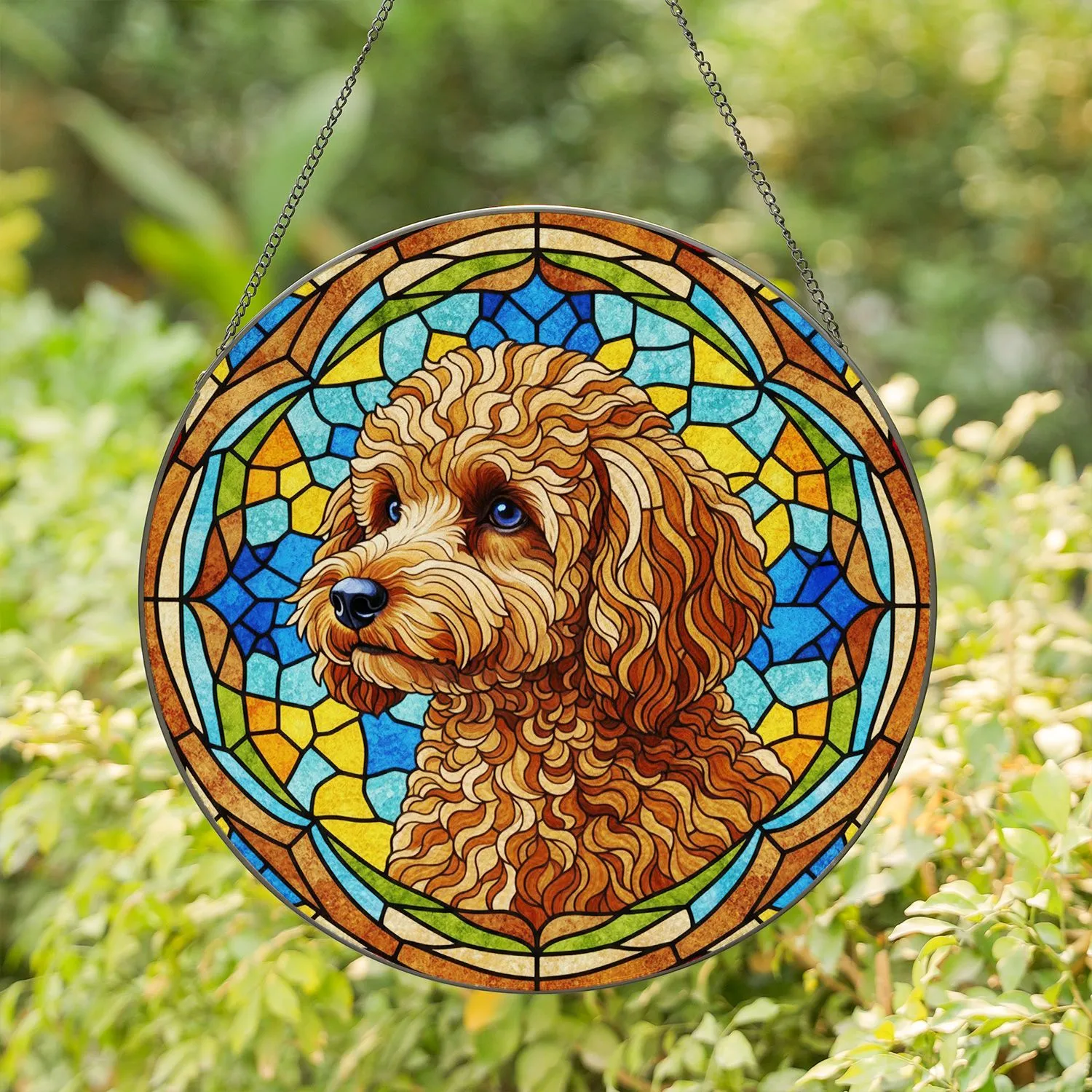 Detailed Fluffy Light Brown Toy Poodle Stained Glass - Tiffany Style Mosaic Jewel Tone Art Stained Glass Suncatcher - 1
