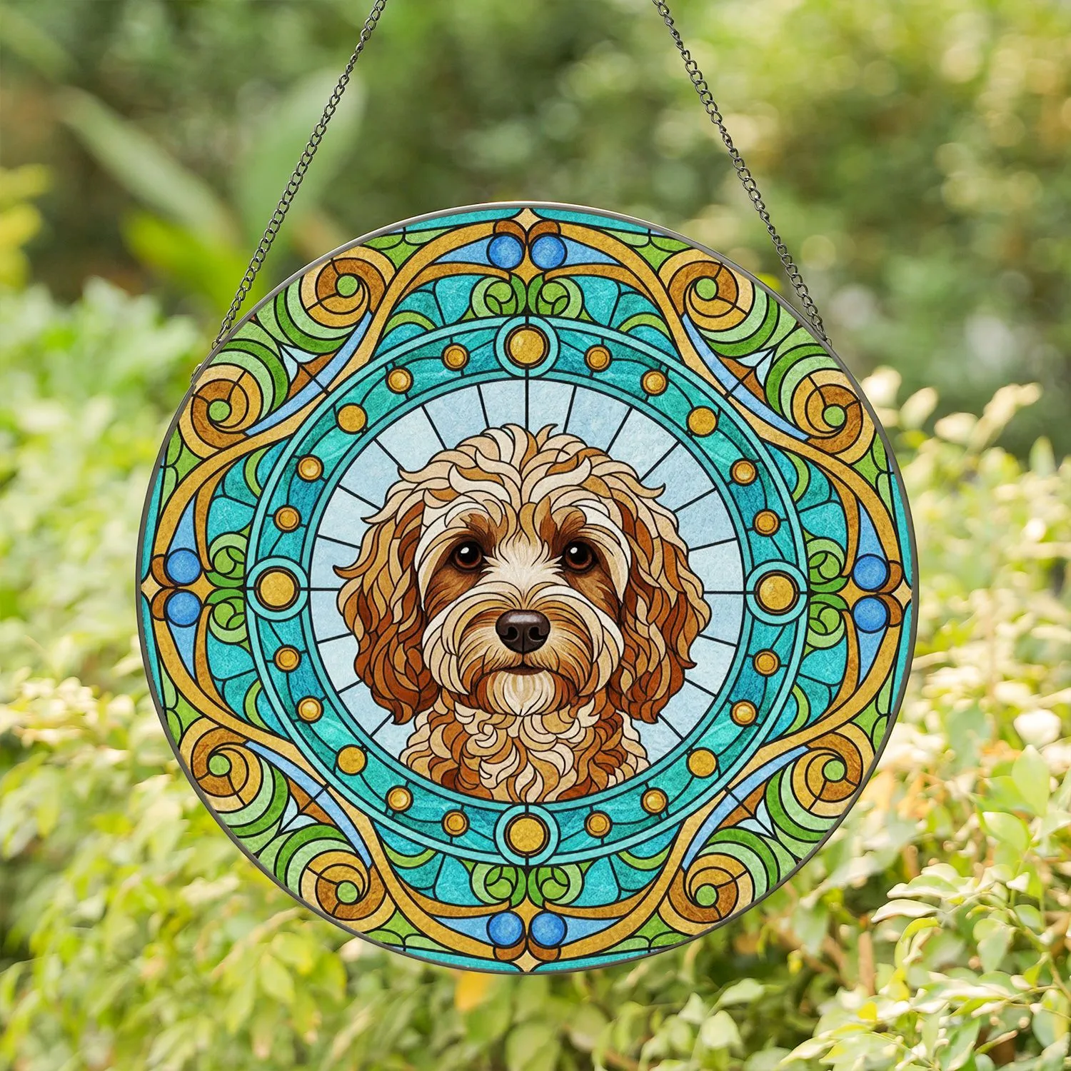 Fluffy Cockapoo Dog Portrait Stained Glass Tiffany Teal Aqua Mosaic - Dog Lover Gift Stained Glass Suncatcher - 1