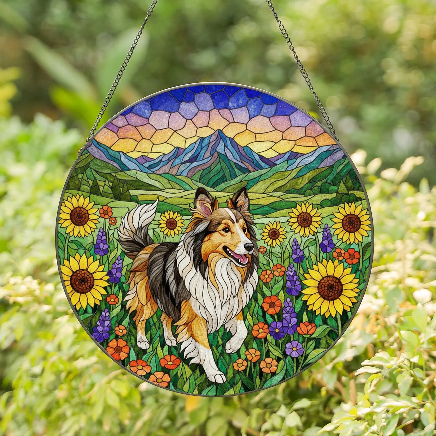 Happy Sheltie Dog Wildflower Meadow Tiffany Stained Glass Style Colorful Nature Art Stained Glass Suncatcher - 1