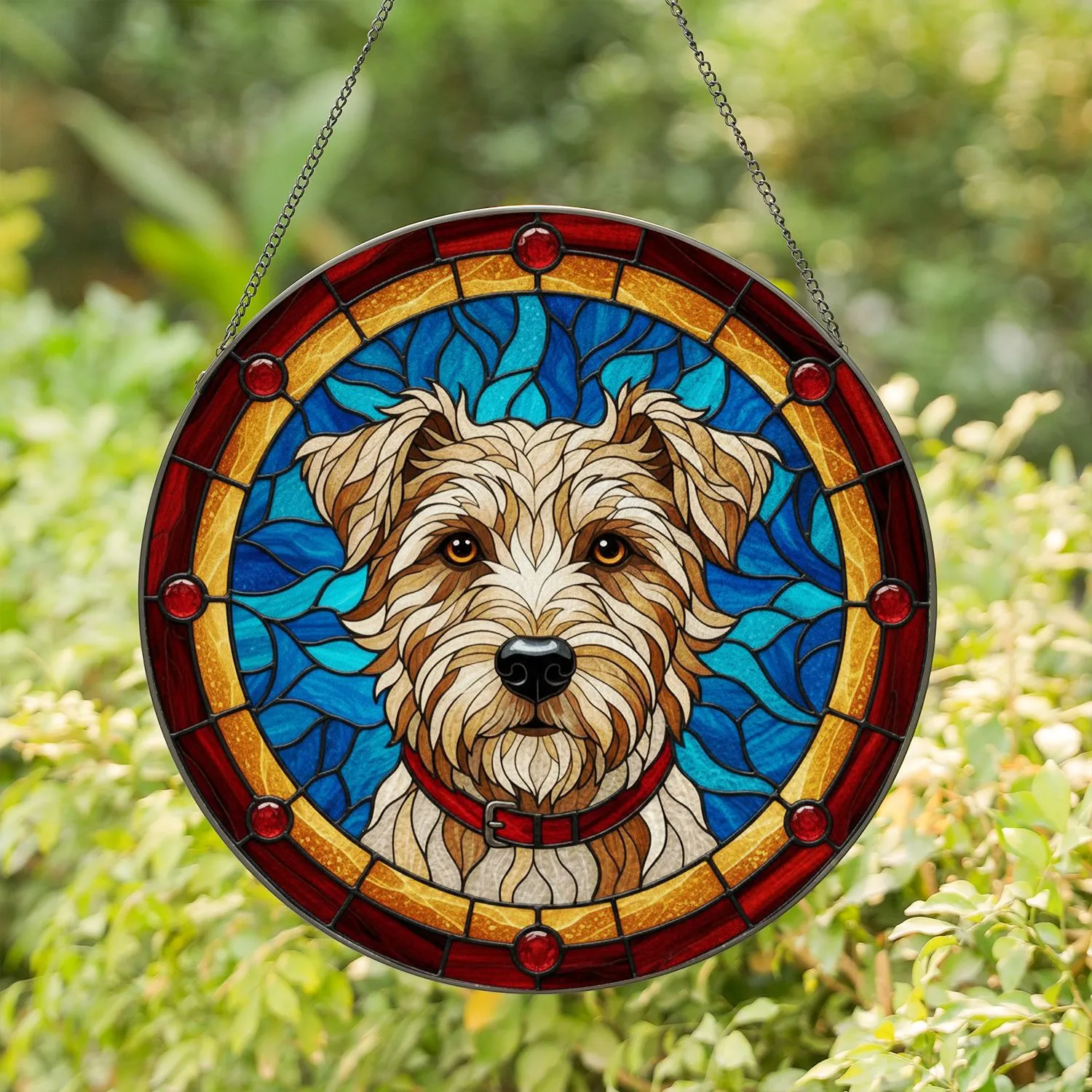 Tiffany Stained Glass Terrier Dog - Red Collar Mosaic Art Home Decor Gift for Dog Lovers Stained Glass Suncatcher - 1