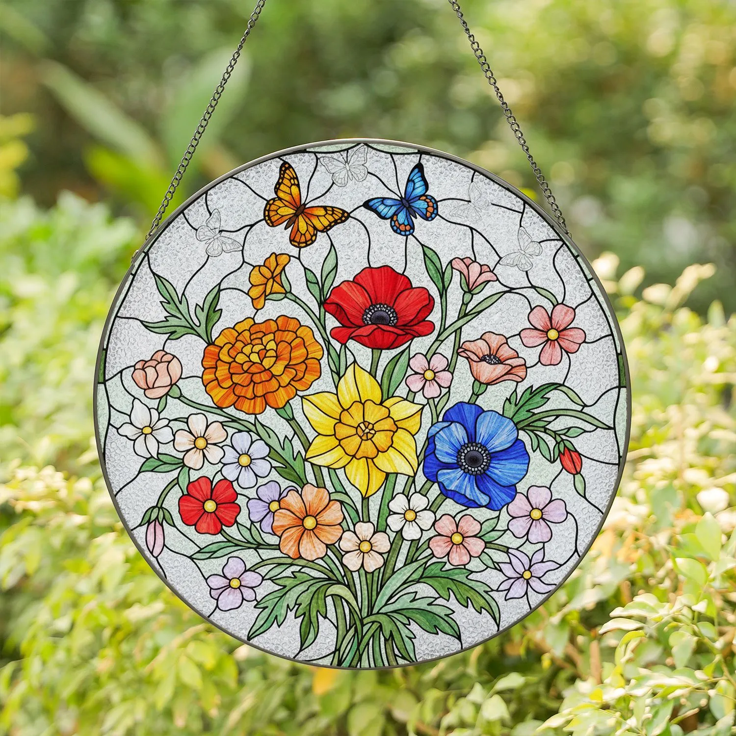 Tiffany Stained Glass Daffodil Poppy Marigold Anemone Butterflies - Floral Decor Stained Glass Suncatcher - 1