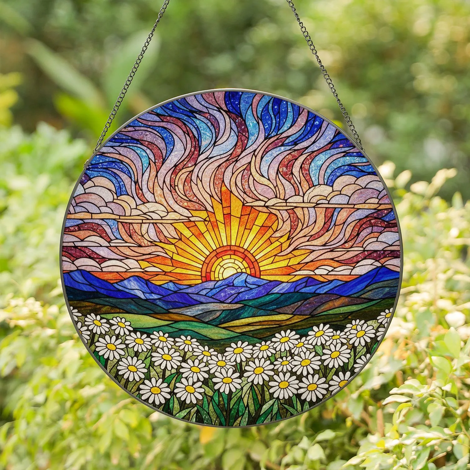 Radiant Sun Daisy Field Stained Glass Tiffany Style Mountain Horizon Art Jewel Tones Stained Glass Suncatcher - 1