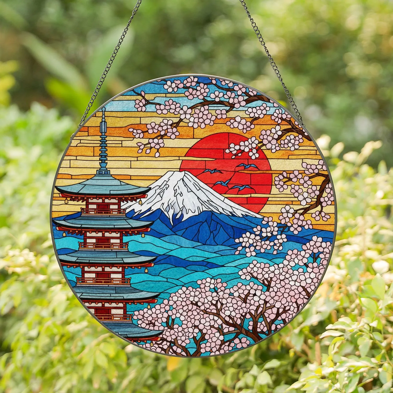 Japanese Pagoda Mount Fuji Cherry Blossom Red Sun Birds - Stained Glass Tiffany Style Art Stained Glass Suncatcher - 1