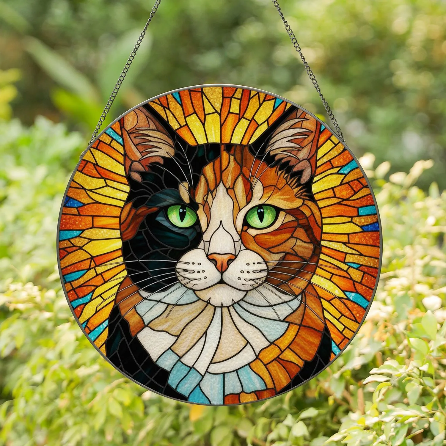 Detailed Calico Cat Face Stained Glass Art - Tiffany Style Green Eye Mosaic - Cat Lover Gift Stained Glass Suncatcher - 1