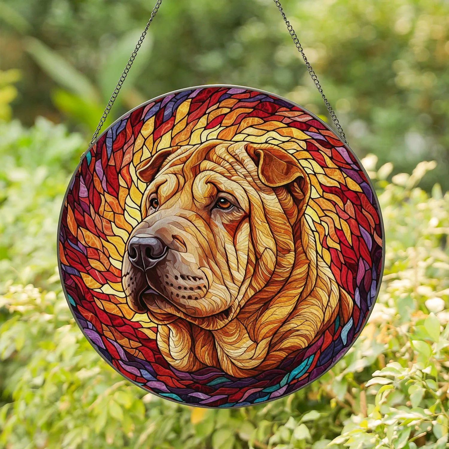 Shar-Pei Dog Stained Glass Portrait with Deep Wrinkles - Tiffany Style Mosaic Art Stained Glass Suncatcher - 1