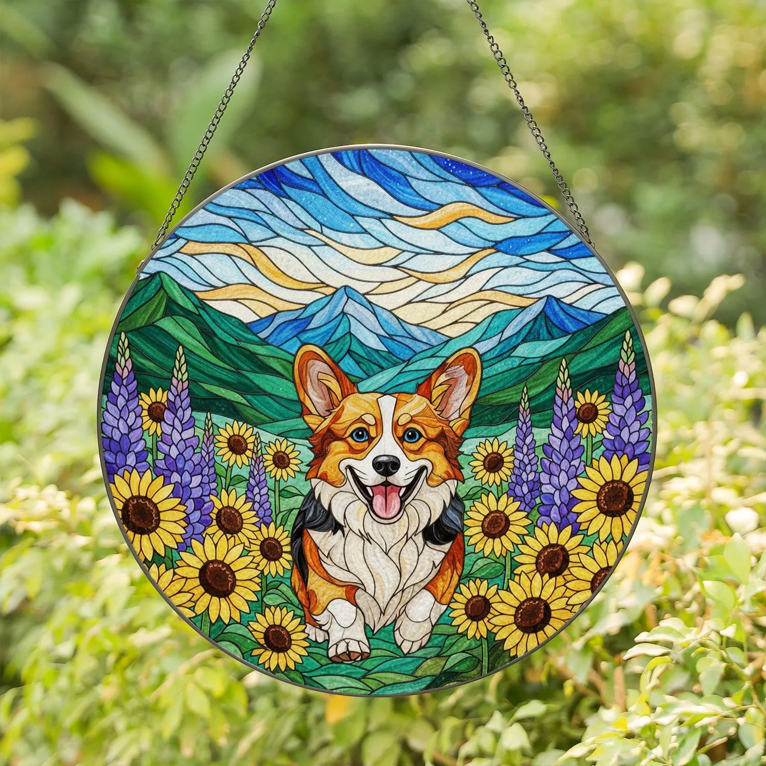 Corgi Dog Leaping Sunflowers Purple Lupine Mountain Range Tiffany Stained Glass for Dog Lover Stained Glass Suncatcher - 1