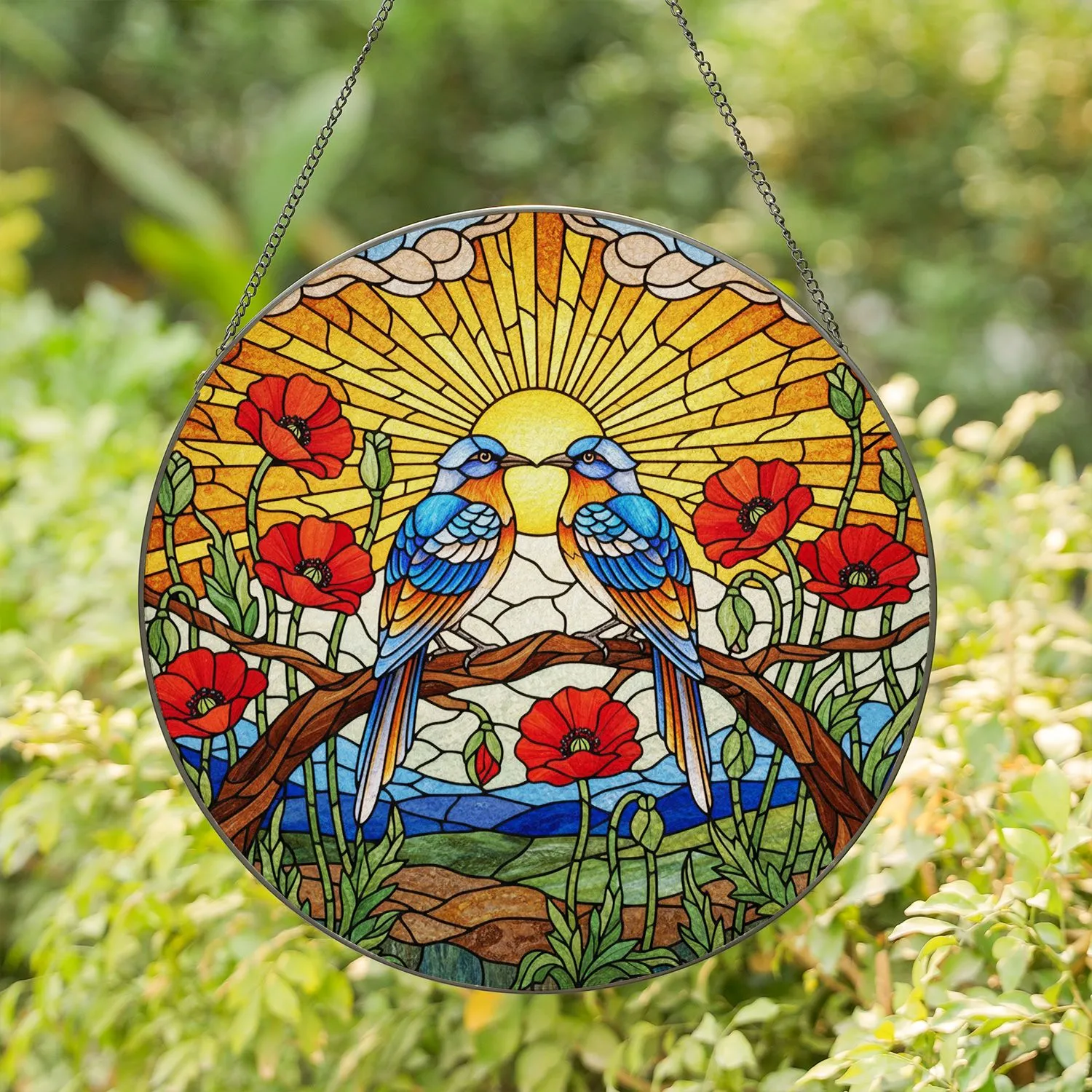 Gazing Blue White Birds Red Poppies Radiant Sun Mosaic Tiffany Stained Glass Stained Glass Suncatcher - 1