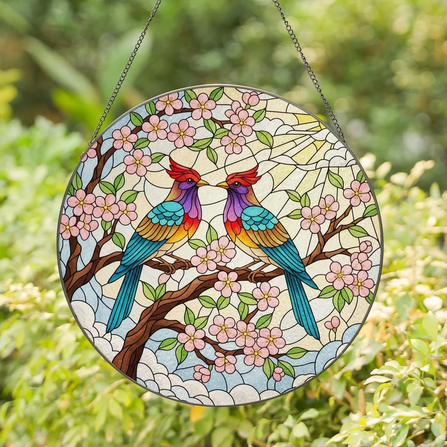 Tiffany Glass Birds Blossoms - Sunny Sky Mosaic Art - Nature-Inspired Home Decor Gift Stained Glass Suncatcher - 1