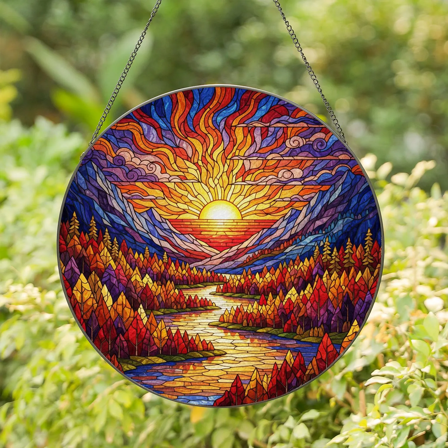 Setting Sun Mountain River Autumn Forest Valley Landscape Tiffany Style Glass Stained Glass Suncatcher - 1