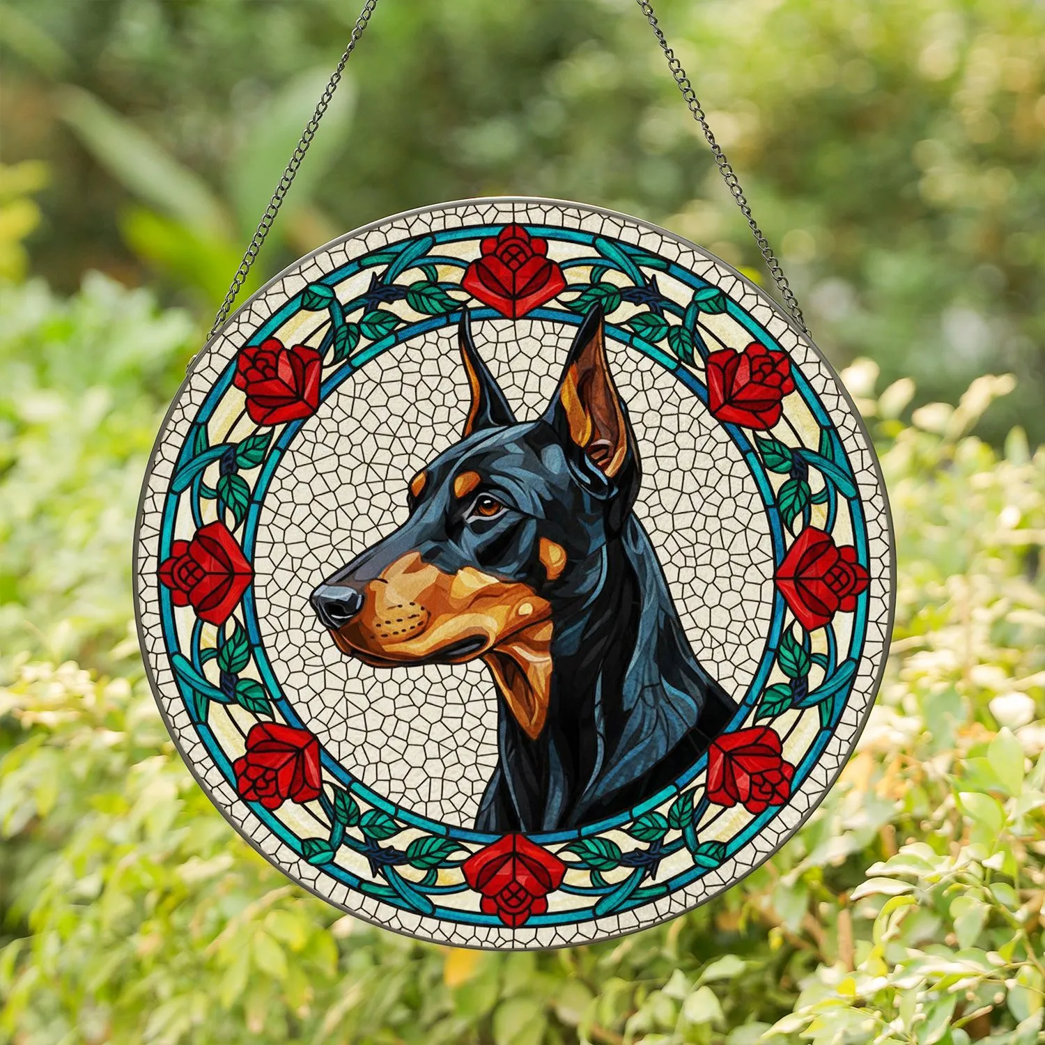 Doberman Pinscher Stained Glass Red Roses Teal Scrollwork Cracked Mosaic Tiffany Style Stained Glass Suncatcher - 1