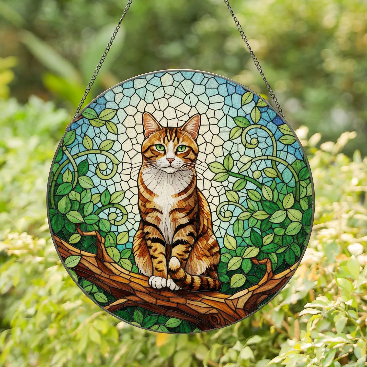 Tabby Cat Tiffany Glass Mosaic Art, Green Eyes, Lush Foliage & Intricate Details Stained Glass Suncatcher - 1