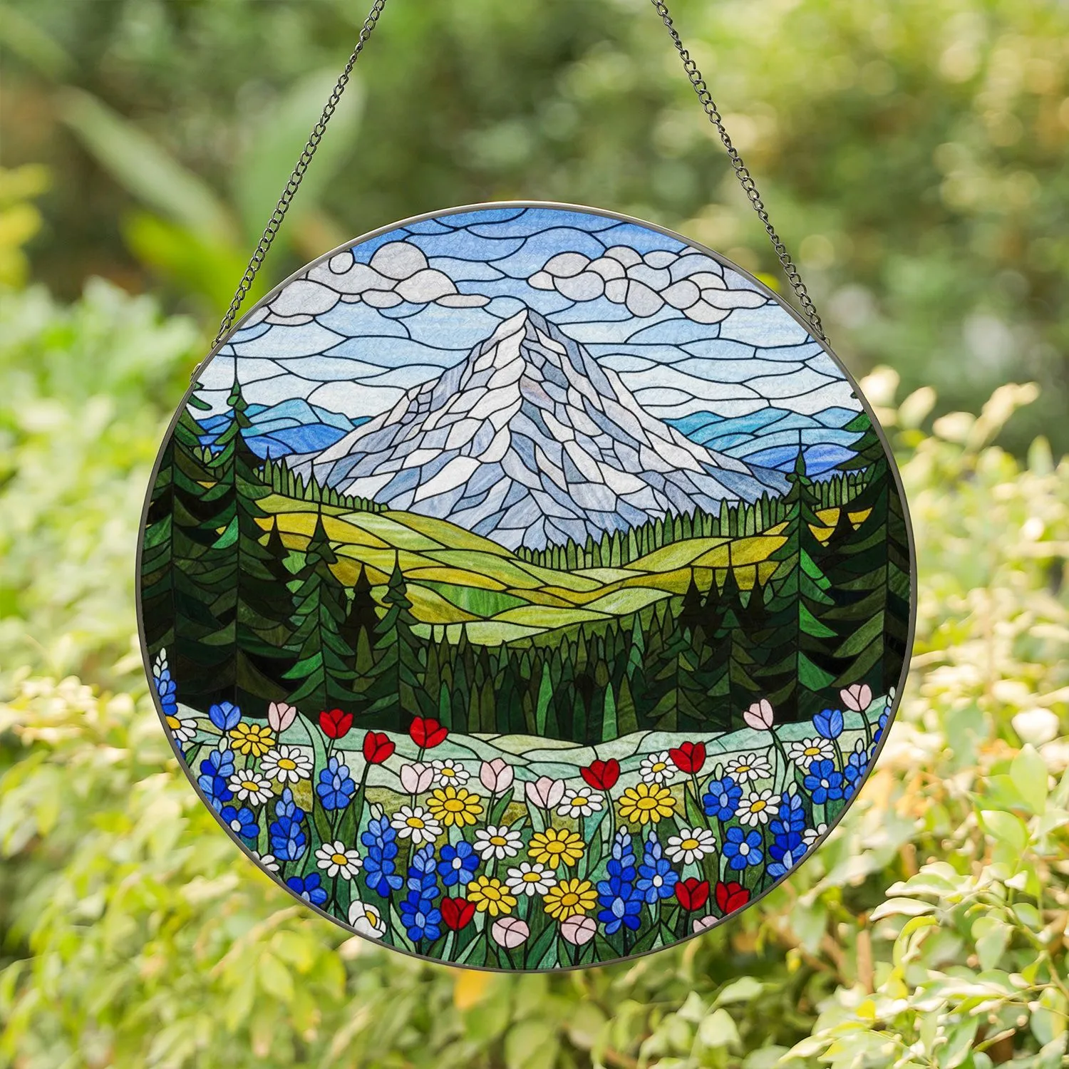 Snow-Capped Mountain Pine Forest Wildflower Meadow Tiffany Glass Nature Decor Gift Stained Glass Suncatcher - 1