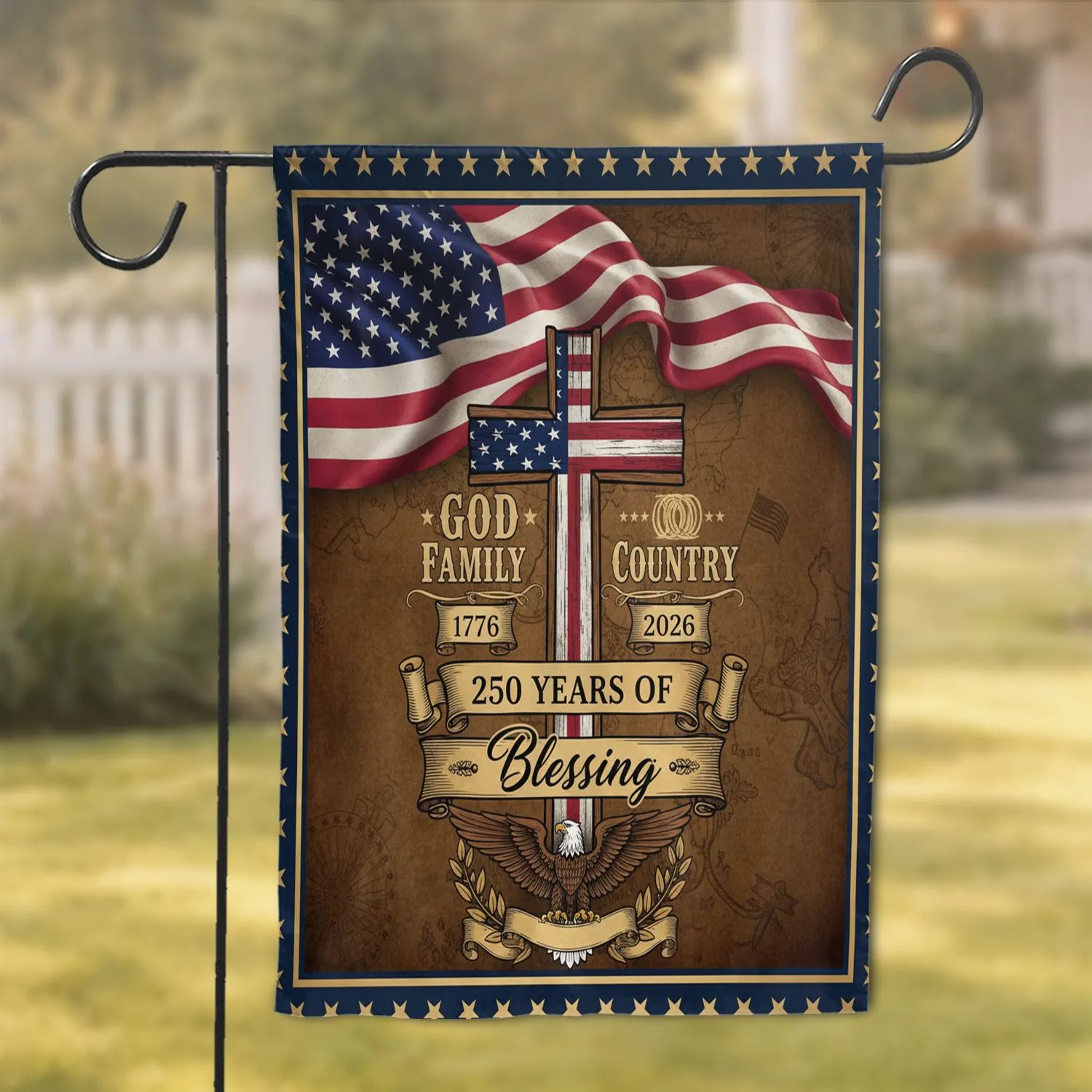 Christian Cross American Flag 1776-2026 God Family Country Motto - USA 250th Anniversary Garden Flag - 1