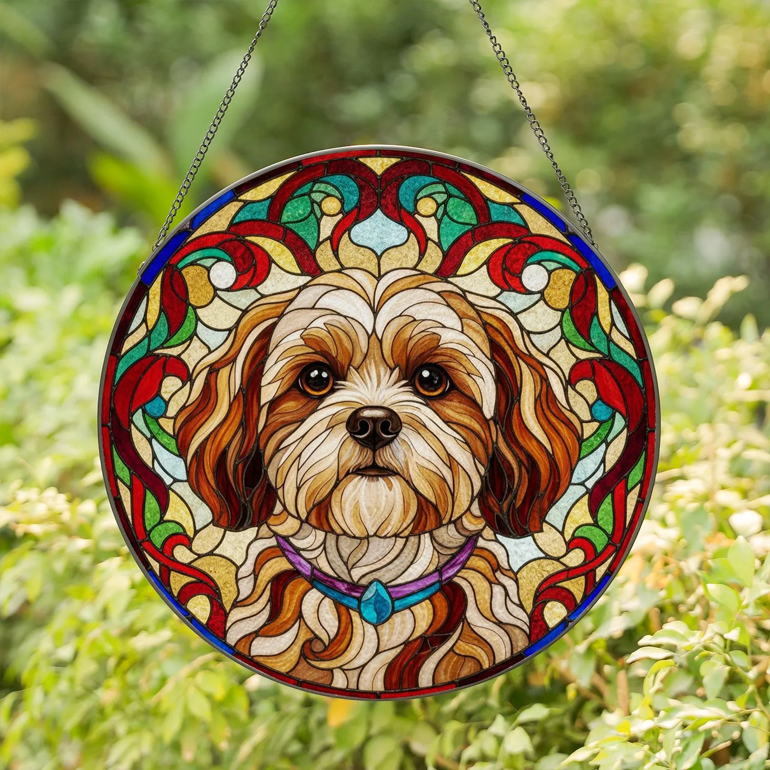 Intricate Fluffy Shih Tzu Dog Head Stained Glass Mosaic - Tiffany Style Dog Lover Gift Stained Glass Suncatcher - 1