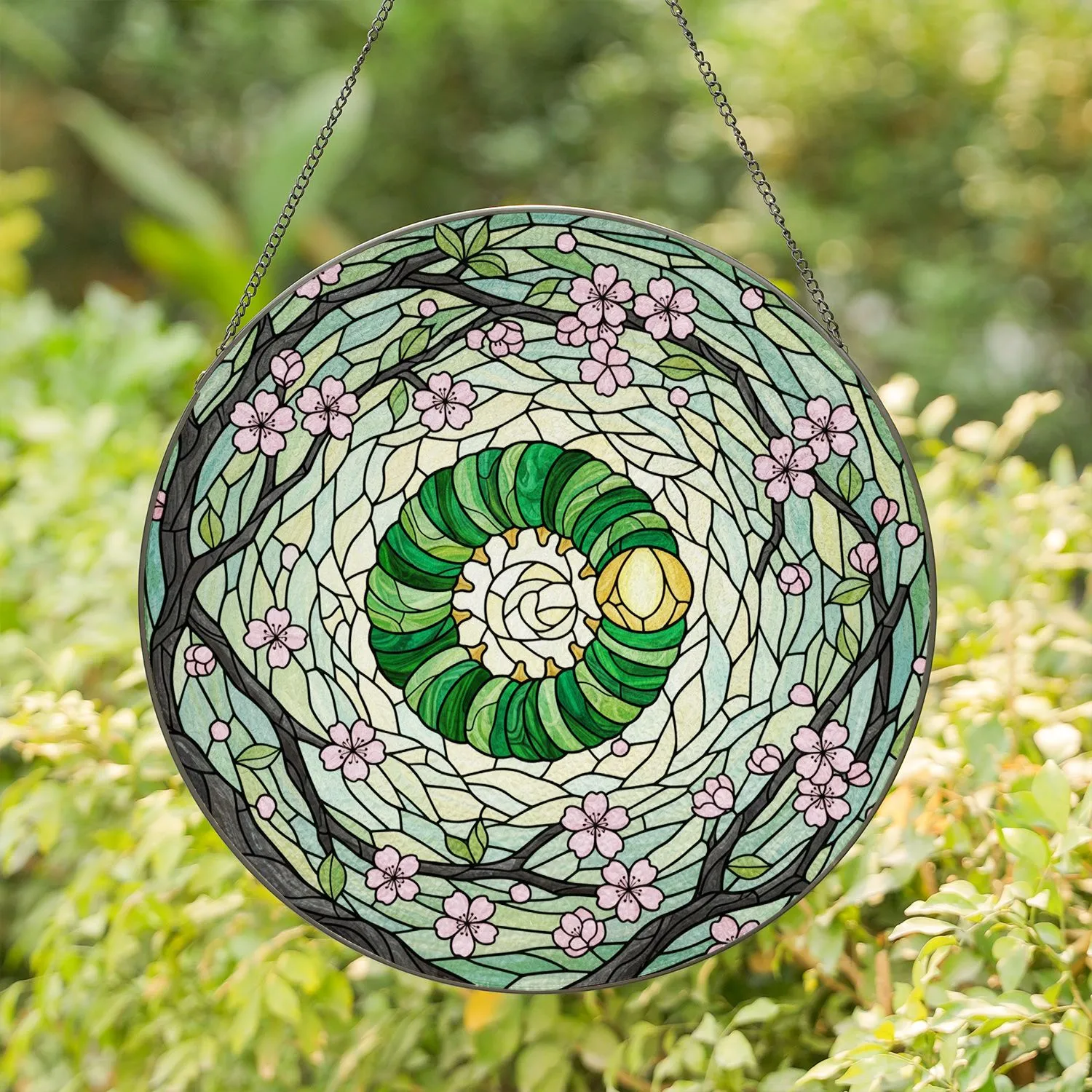 Detailed Caterpillar Spiral Stained Glass with Cherry Blossoms - Tiffany Style Mosaic Nature Art Stained Glass Suncatcher - 1