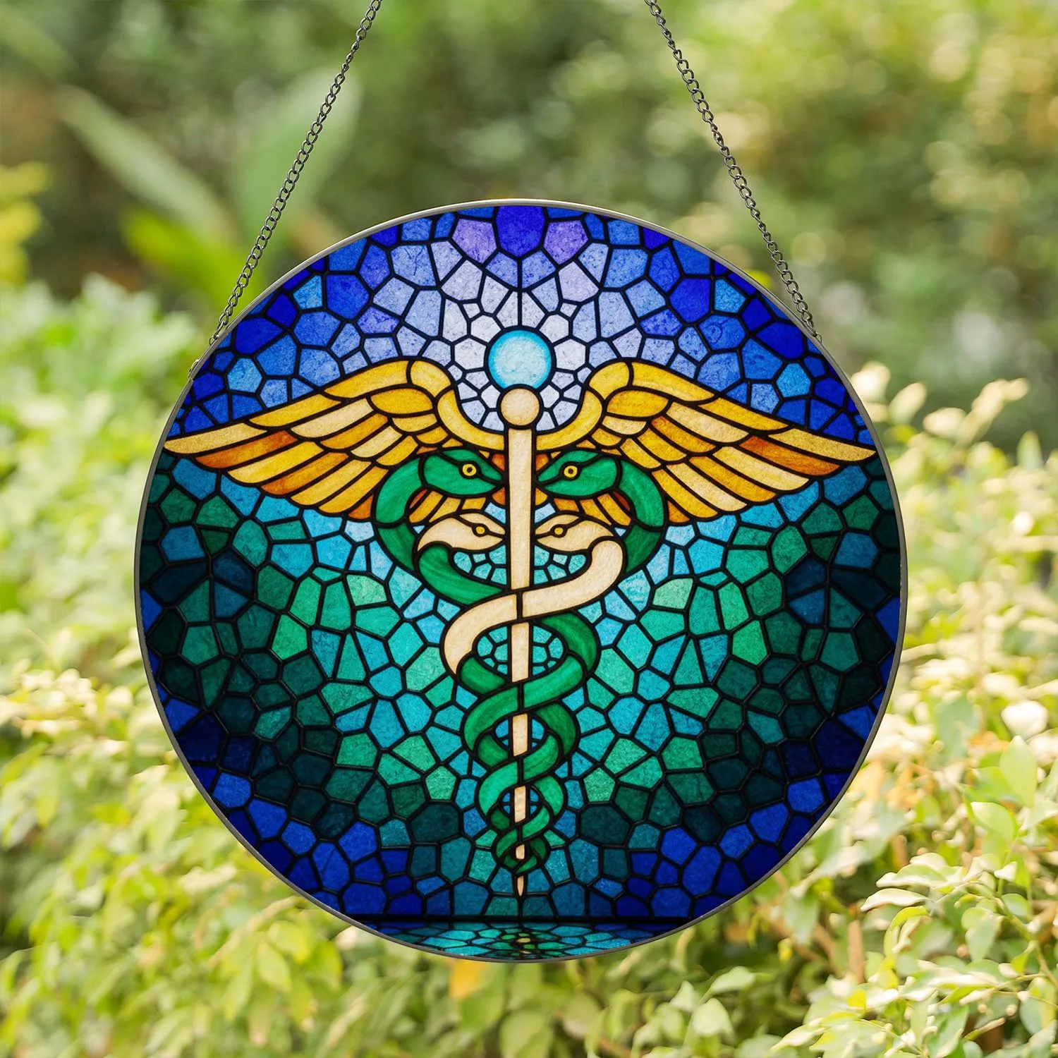 Detailed Caduceus Symbol Stained Glass Mosaic Art - Tiffany Style Home Decor Gift Stained Glass Suncatcher - 1
