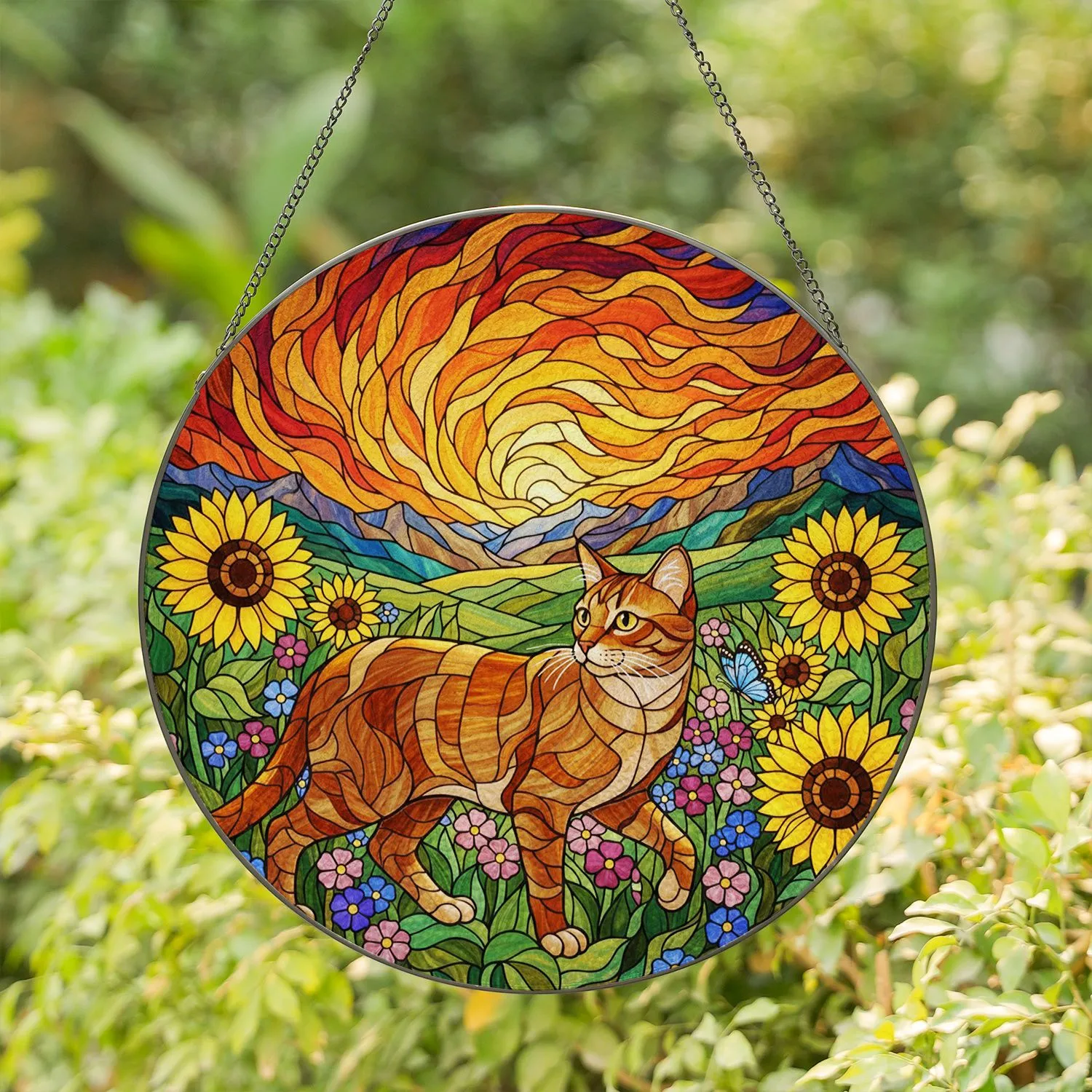 Curious Domestic Striped Cat Meadow Sunflowers Wildflowers Sunset Mountains Home Decor Stained Glass Suncatcher - 1